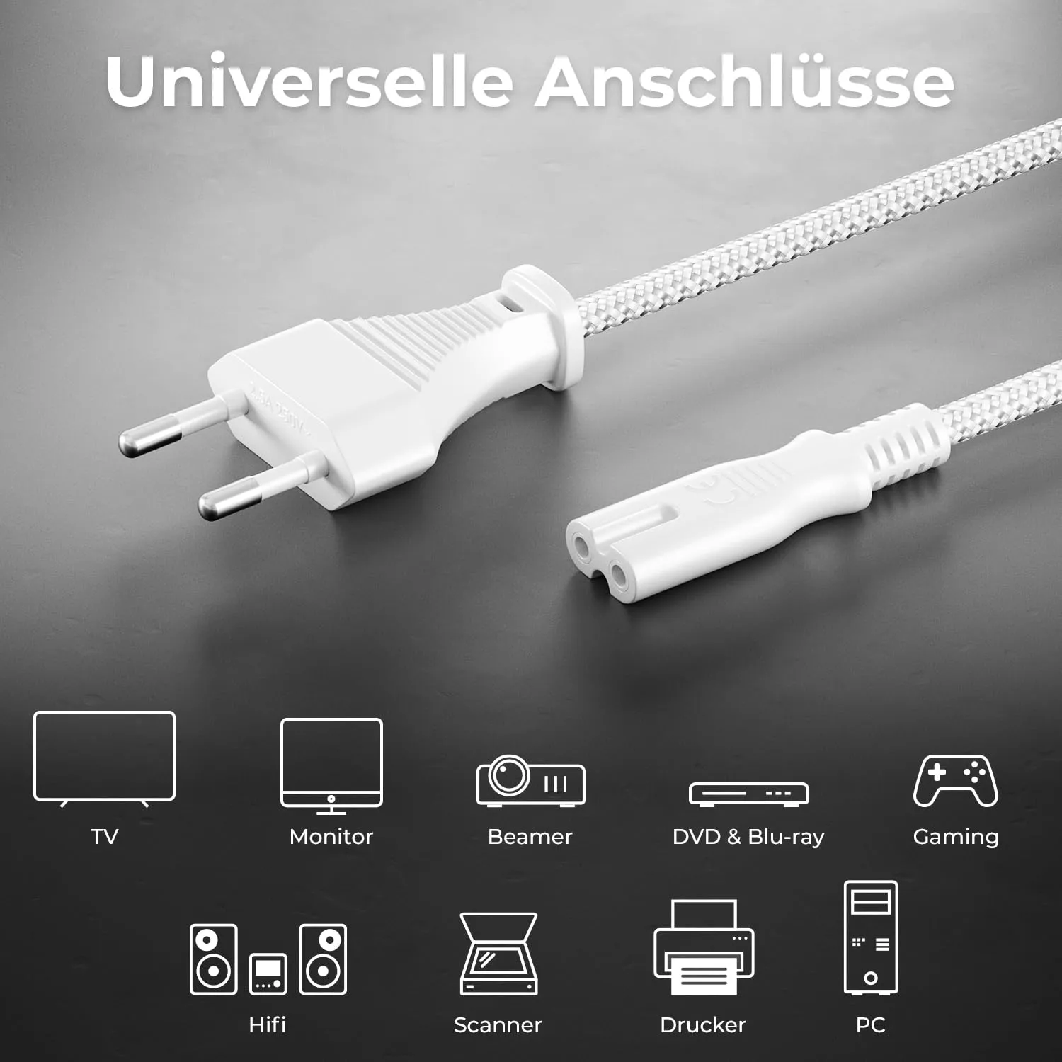 deleyCON 2m Cavo di Alimentazione Elettrico Spina Euro Tipo c a C7 (in Nylon) Connettore Piatto 2,5A per Presa C8 TV Soundbar PS4 PS5 Alimentatori Piccoli Elettrodomestici ecc. - Bianco - immagine 6