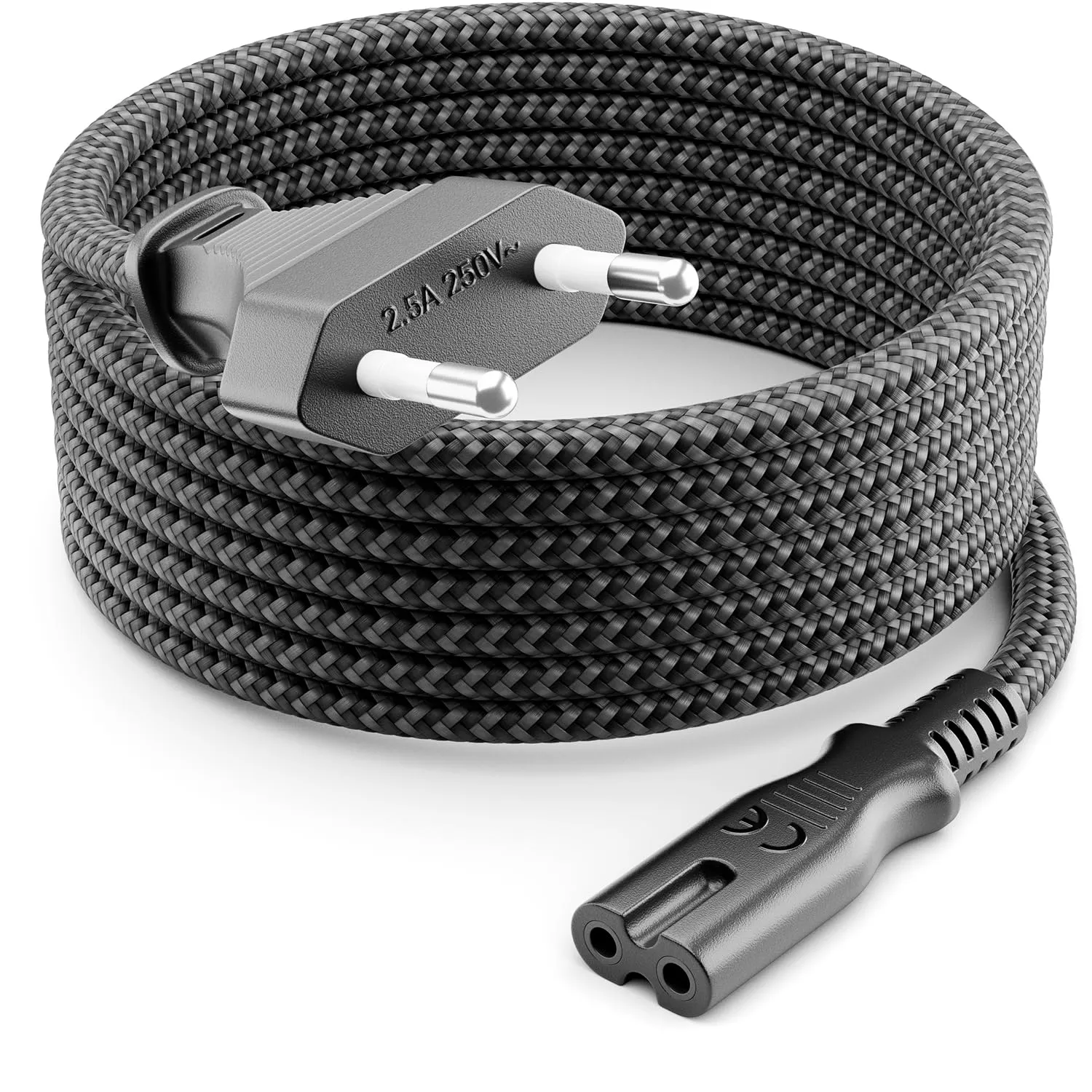 deleyCON 1,5m Cavo di Alimentazione Elettrico Spina Euro Tipo c a C7 (in Nylon) Connettore Piatto 2,5A per Presa C8 TV Soundbar PS4 PS5 Alimentatori Piccoli Elettrodomestici ecc. - Grigio - immagine 1