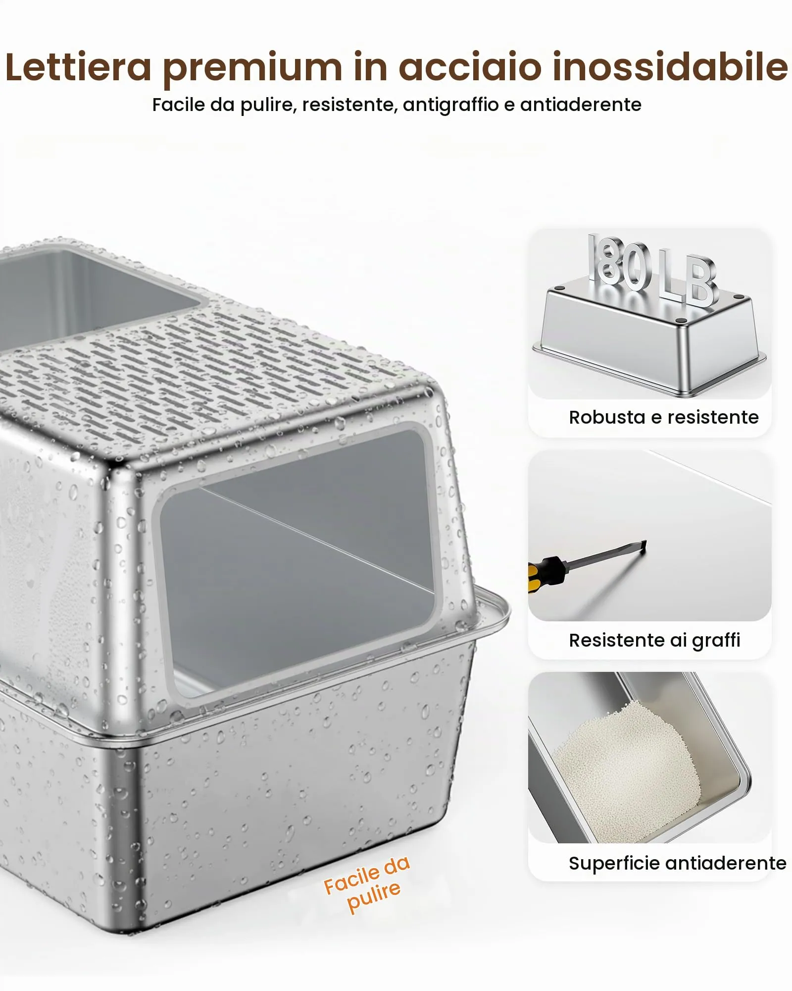 Lettiera Gatto Acciaio Inox, Lettiera Gatto Chiusa Grande XXL, Lettiere Tutto in Metallo per Gatti con Coperchio, Toilette per Gatti, Antiodore, Facile da Pulire, Antiaderente e Spaziosa - immagine 5