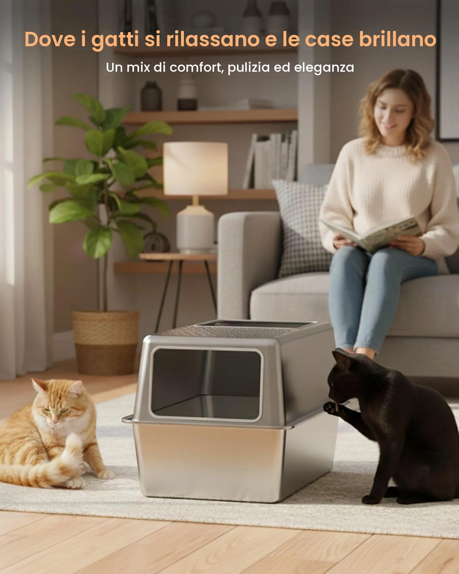 Lettiera Gatto Acciaio Inox, Lettiera Gatto Chiusa Grande XXL, Lettiere Tutto in Metallo per Gatti con Coperchio, Toilette per Gatti, Antiodore, Facile da Pulire, Antiaderente e Spaziosa - immagine 6