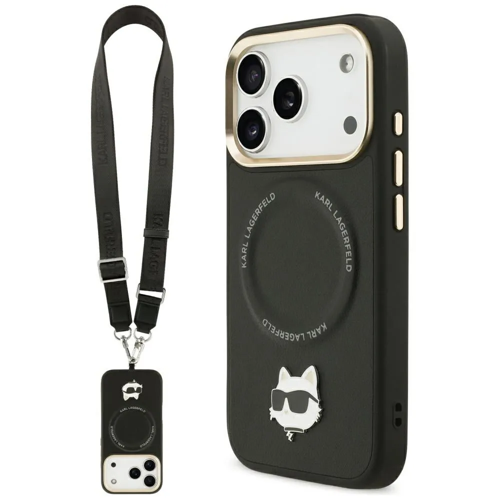 Custodia MagSafe per Apple iPhone 17 Pro Max, Karl Lagerfeld, Big Strap Choupette Metal Logo, Nera - immagine 1