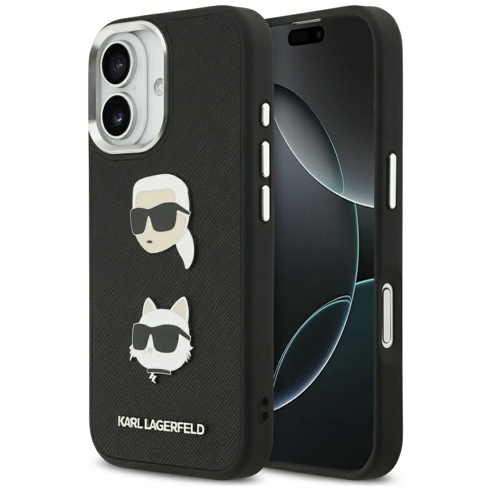 Custodia per Apple iPhone 17, Karl Lagerfeld, Grained Karl & Choupette's Heads Pins and Logo, Nera - immagine 1