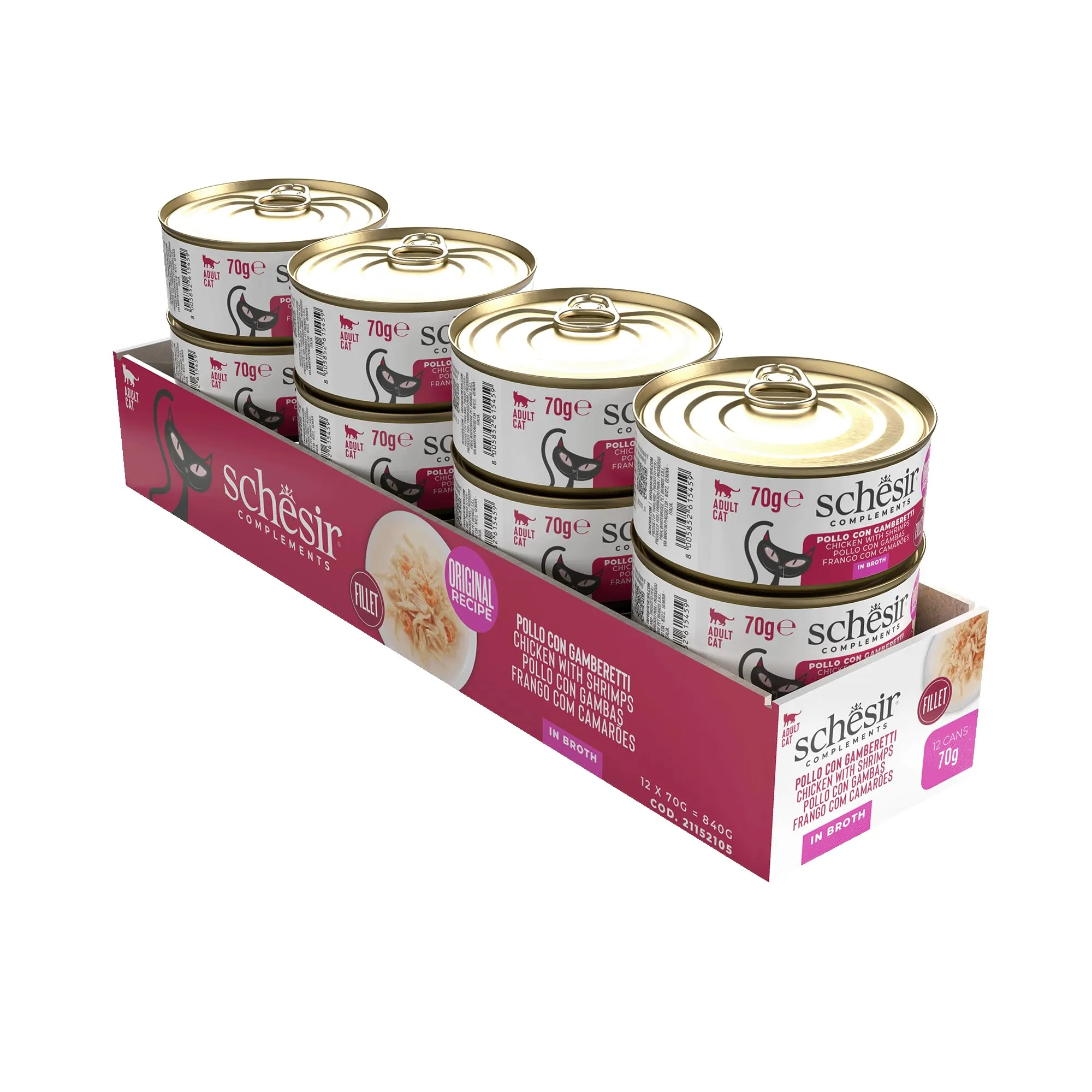 Schesir, Filetti di Pollo con Gamberetti in Brodo, Cibo Umido Complementare per Gatti, Ricetta Originale, 100% Naturale, 12 lattine da 70g - immagine 2