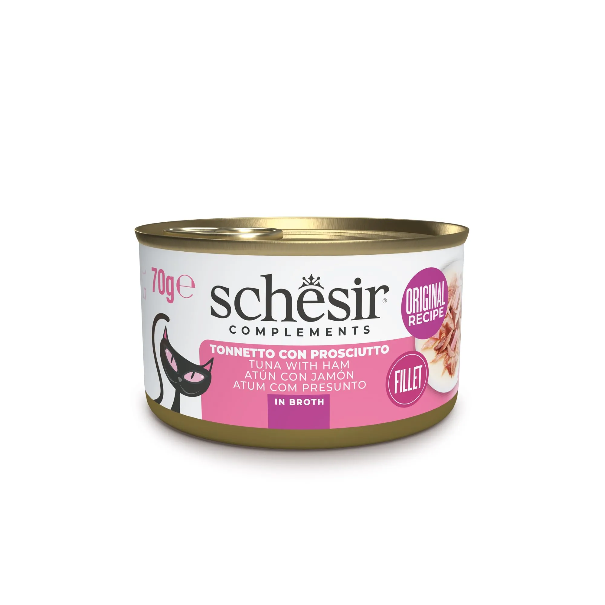 Schesir, Tonnetto con Prosciutto in Brodo, Alimento Umido Complementare per Gatti, in Lattina, Ingredienti 100% Naturali, Cruelty Free, 12 x 70g - immagine 1