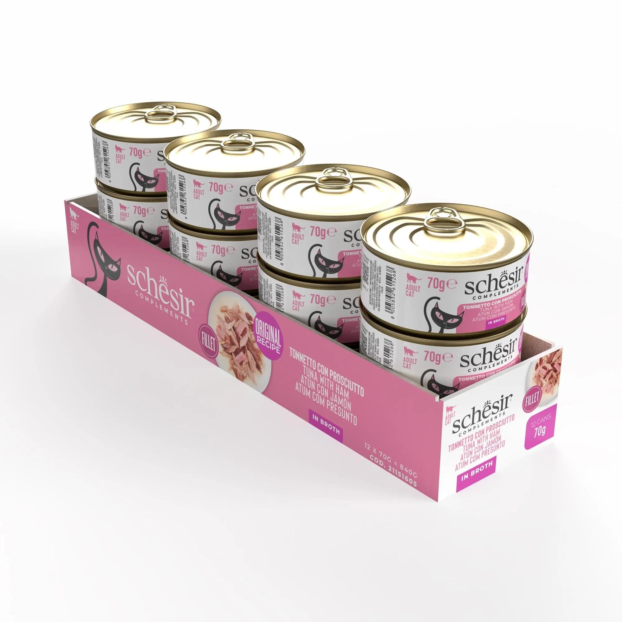 Schesir, Tonnetto con Prosciutto in Brodo, Alimento Umido Complementare per Gatti, in Lattina, Ingredienti 100% Naturali, Cruelty Free, 12 x 70g - immagine 2