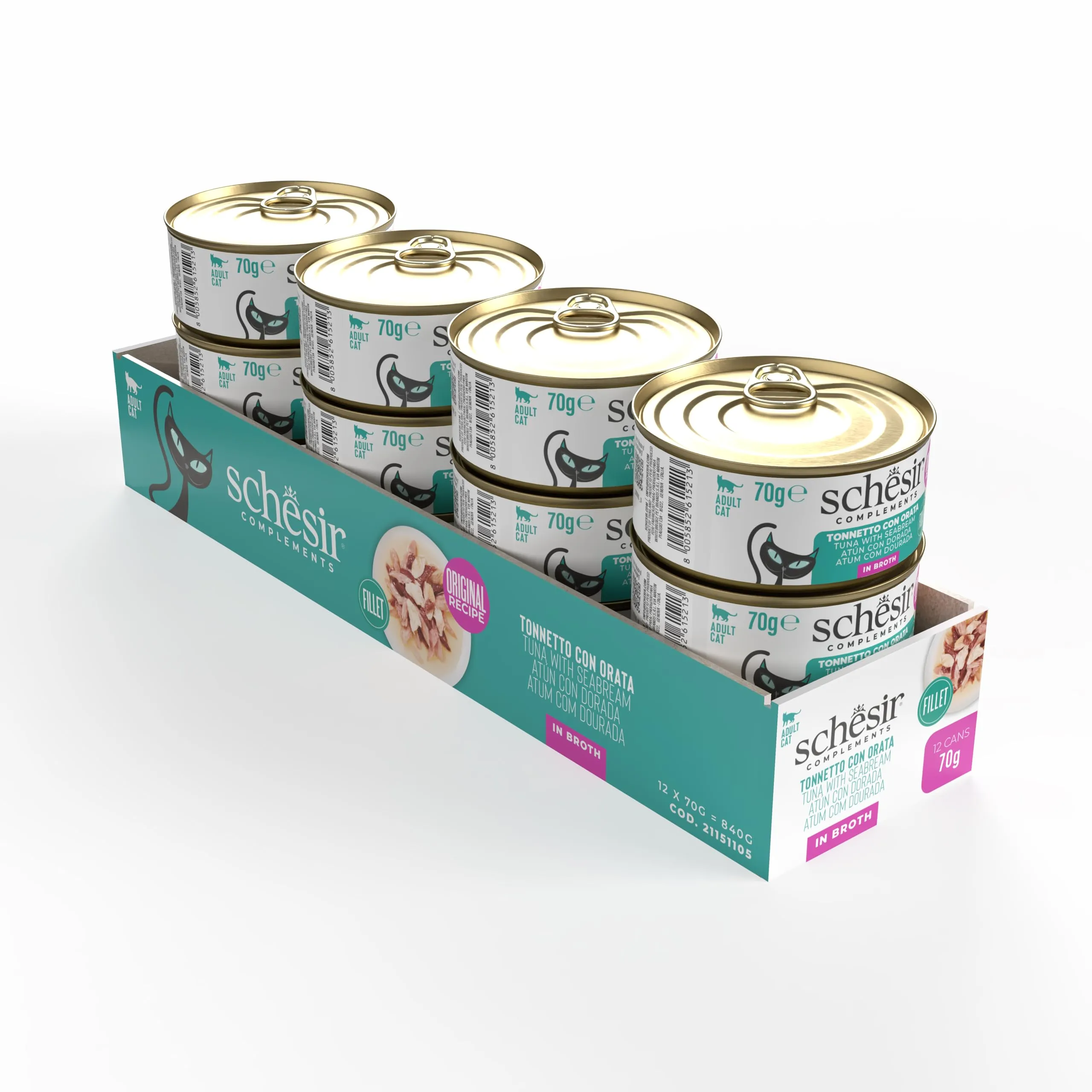 Schesir Tonnetto con Orata in Brodo, Cibo Umido per Gatti, in Lattine, 100% Naturale, con Vitamine Aggiunte, 12 x 70g - immagine 2