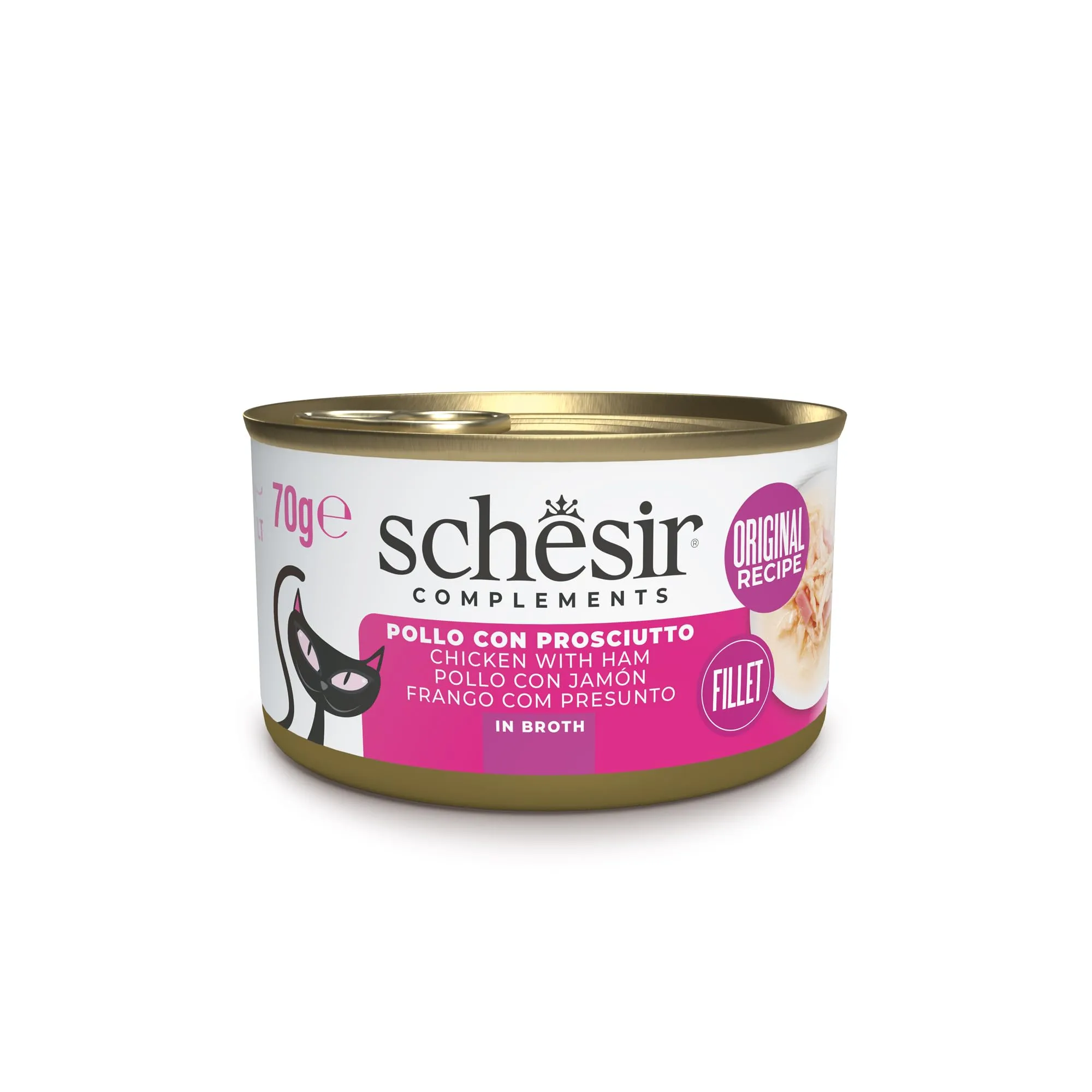 Schesir, Filetti di Pollo con Prosciutto in Brodo, Cibo Umido Complementare per Gatti, Ricetta Originale, 100% Naturale, 12 lattine da 70g - immagine 1