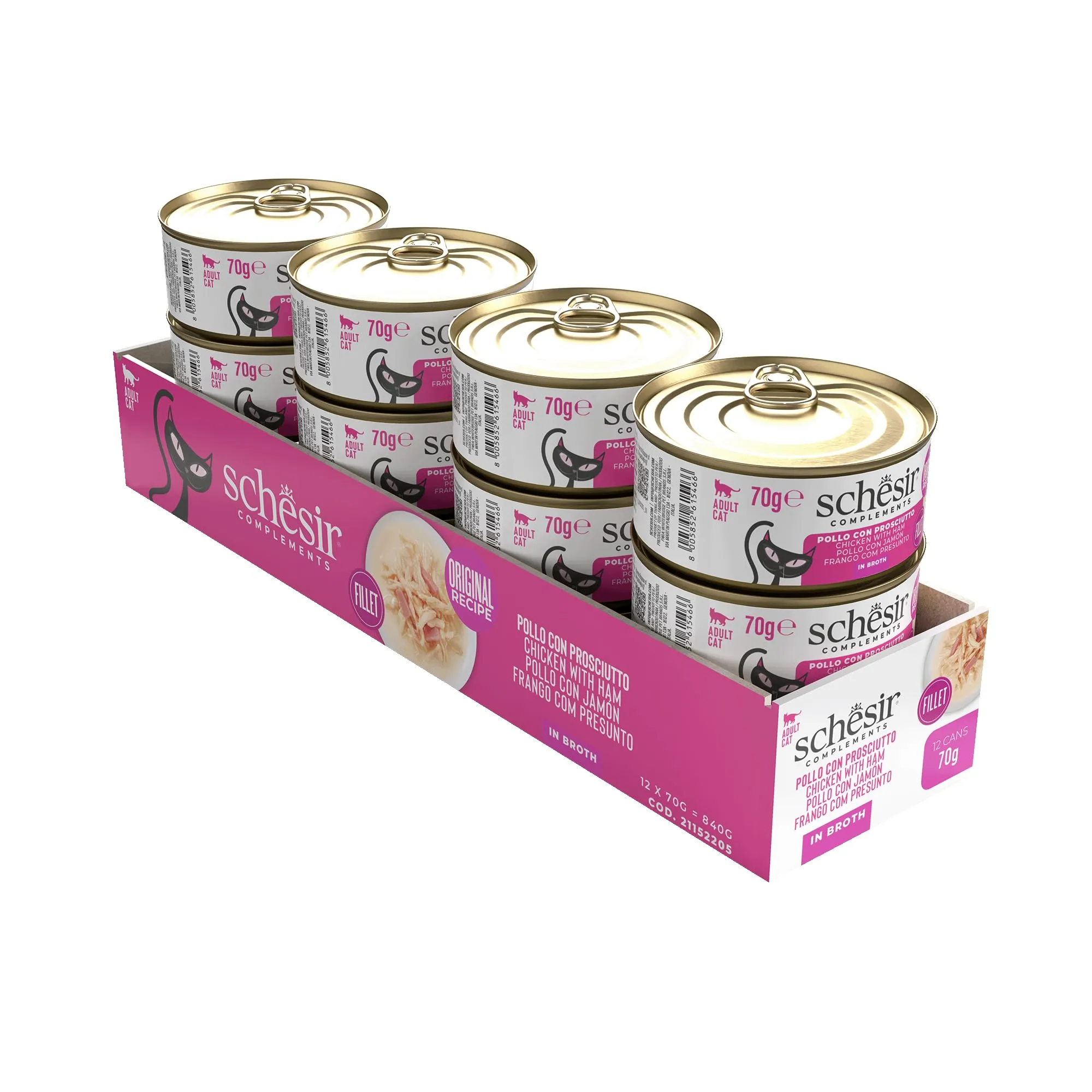 Schesir, Filetti di Pollo con Prosciutto in Brodo, Cibo Umido Complementare per Gatti, Ricetta Originale, 100% Naturale, 12 lattine da 70g - immagine 2