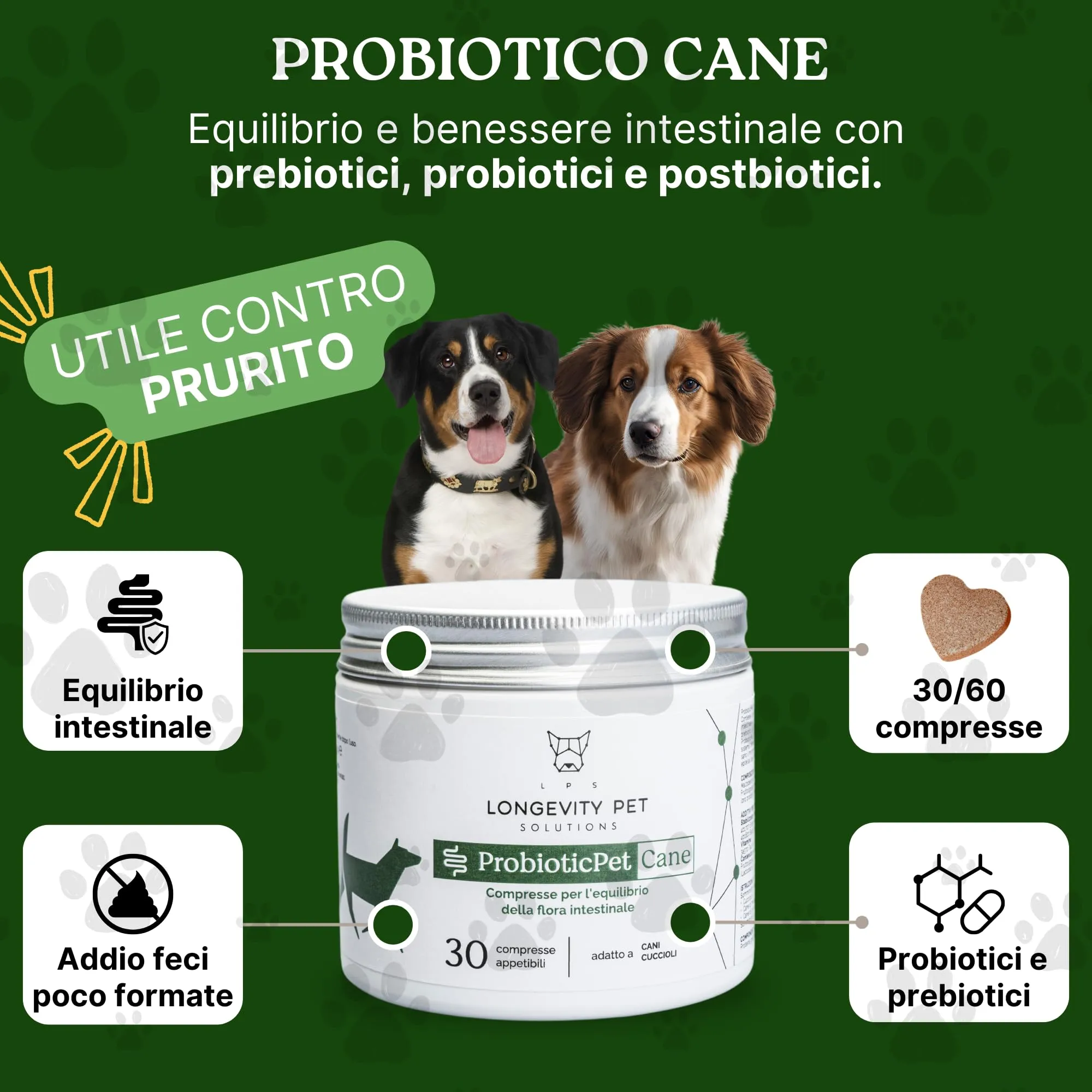 Soluzione Prurito | ProbioticPet Cane 30 Cpr per Prurito, Dermatite, Digestione + DermaPet Integratore Dermatite per Cute Cani e Gatti | Probiotici per Cani e Gatti | Azione Sinergica - Longevity Pet - immagine 2