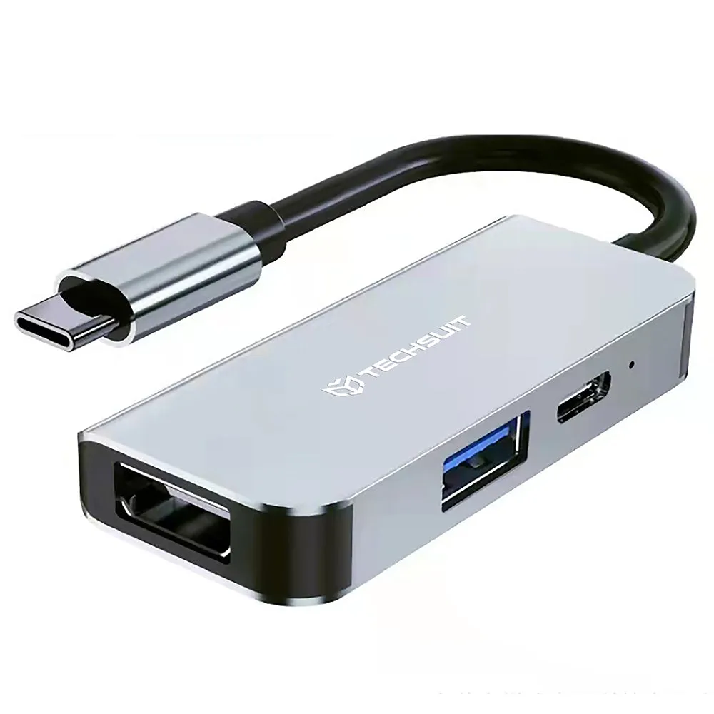 Hub USB-C Techsuit H4 TurboChargeX, 3in1, Grigio - immagine 1