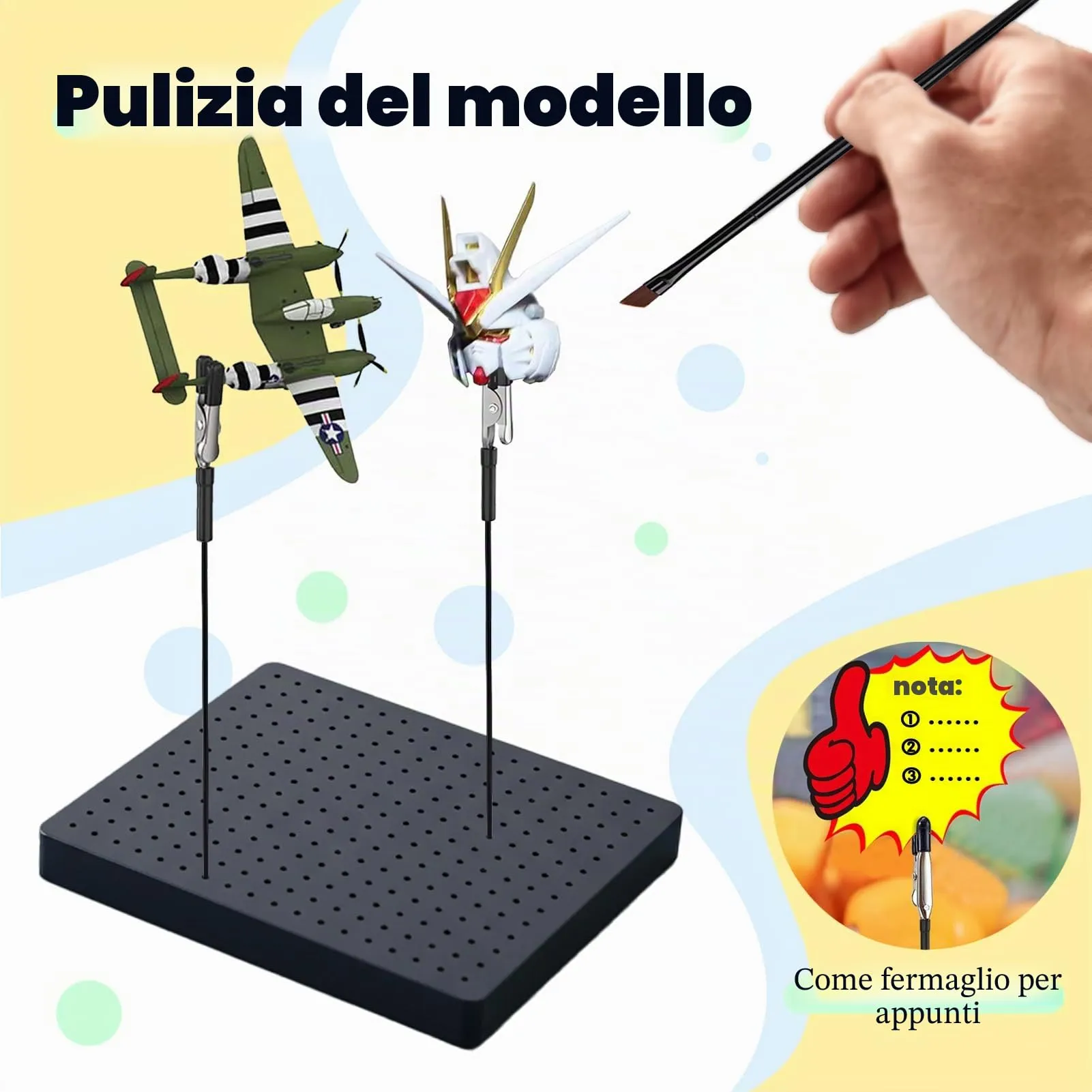 Ruimooto Accessori per modellismo, 20 morsetti a coccodrillo, 2 spazzole e 1 base. Terza mano robusta e stabile. Ideale per accessori modellismo, accessori aerografo, supporto per verniciatura e - immagine 6
