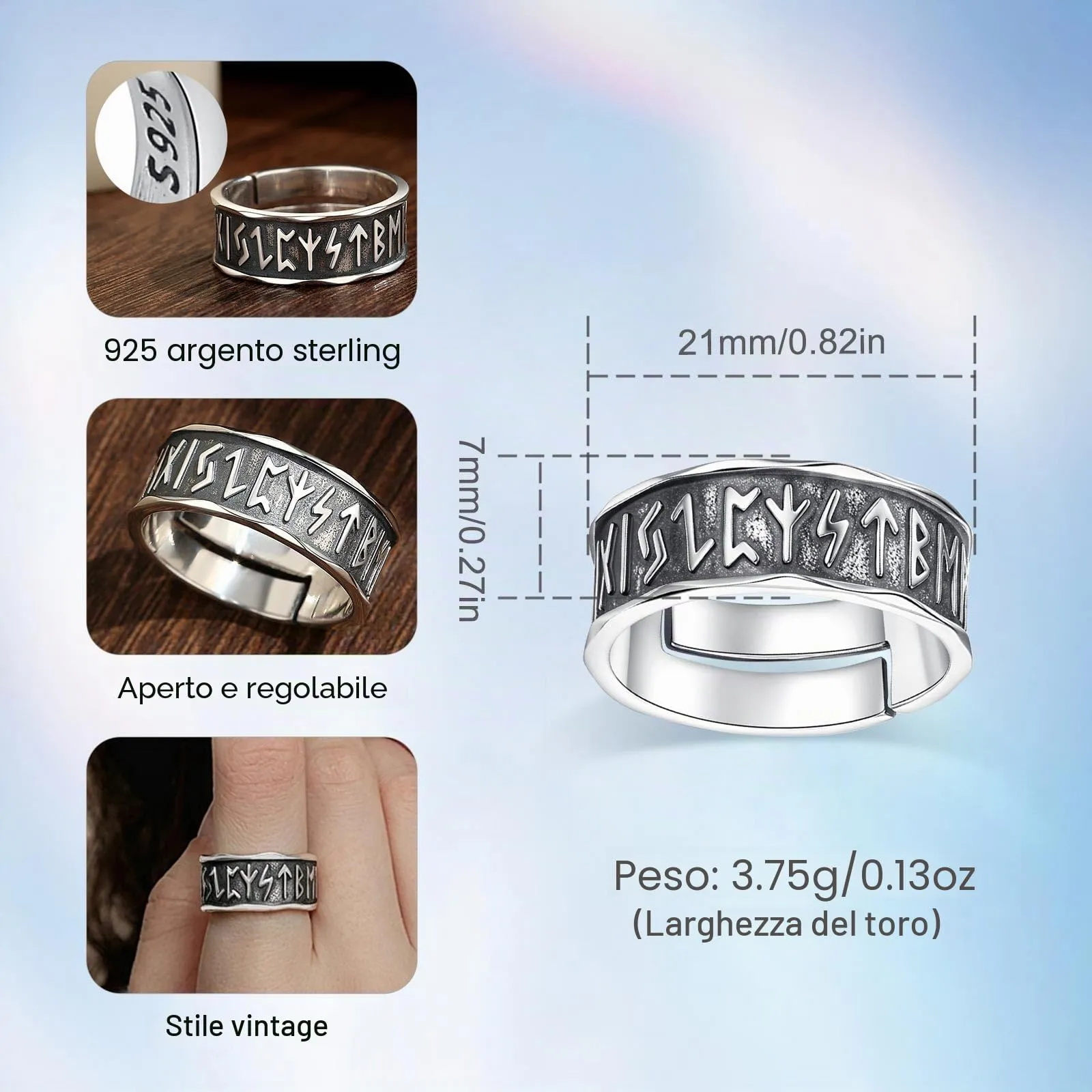 AEONSLOVE Anello Rune Vichinghe Regolabile Argento 925 Anello Fascia Vichingo per Uomo Donna Aperto Anelli Pollice Aperti Regolabili Gioielli Vichinghi Nordici - immagine 4