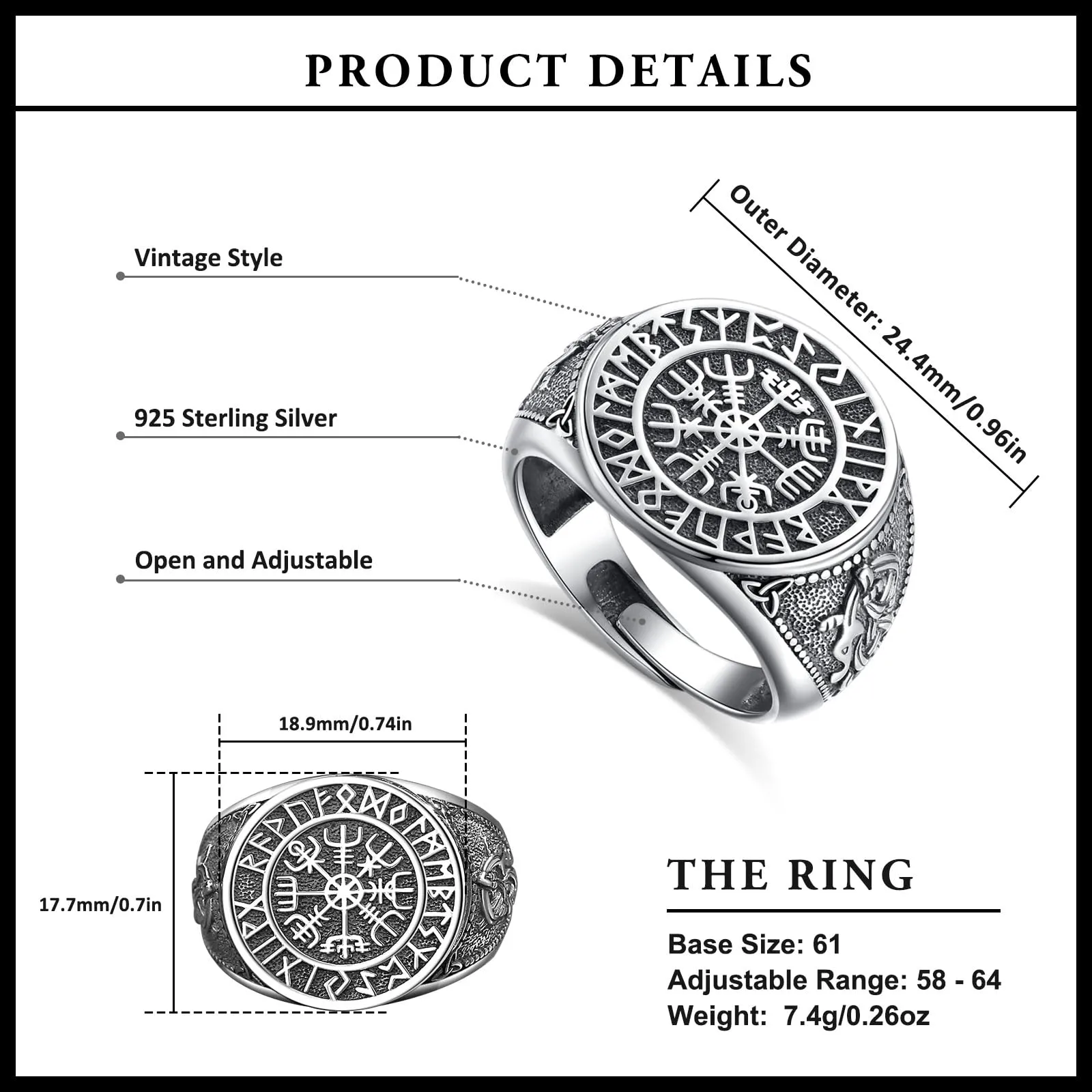 AEONSLOVE Anello Rune Vichinghe Regolabile Argento 925 Anello Vegvisir Vichingo per Uomo Donna Aperto Anelli Fascia Pollice Aperti Regolabili Gioielli Vichinghi Nordici - immagine 4
