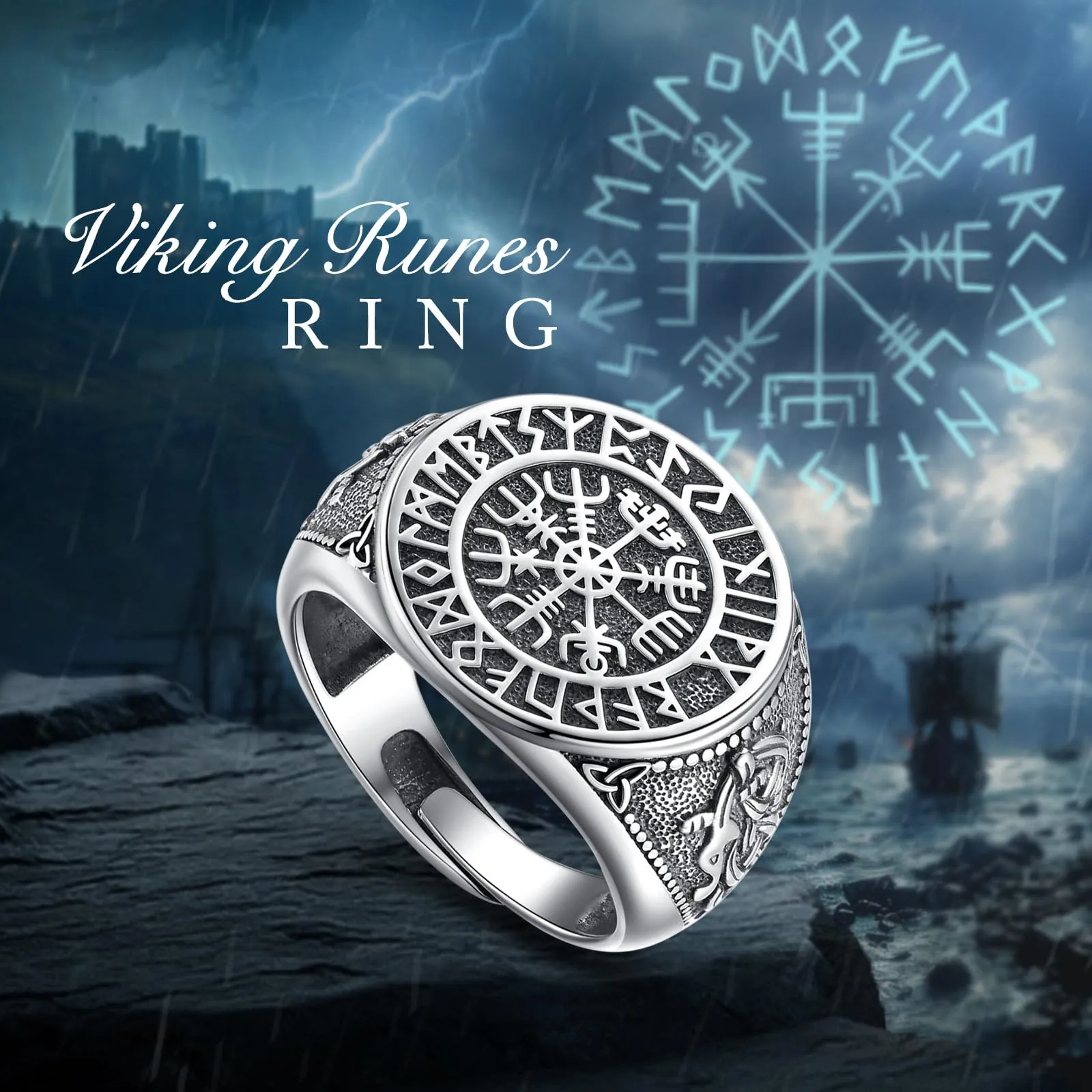 AEONSLOVE Anello Rune Vichinghe Regolabile Argento 925 Anello Vegvisir Vichingo per Uomo Donna Aperto Anelli Fascia Pollice Aperti Regolabili Gioielli Vichinghi Nordici - immagine 7