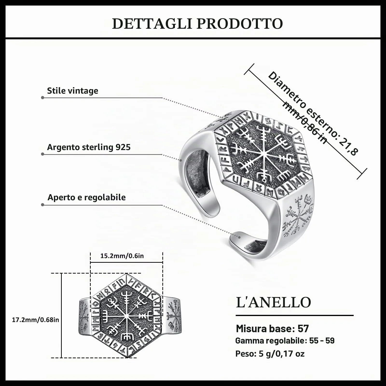 AEONSLOVE Anello Rune Vichinghe Regolabile Argento 925 Anello Vegvisir Vichingo per Uomo Donna Aperto Anelli Pollice Aperti Regolabili Gioielli Vichinghi Nordici - immagine 4