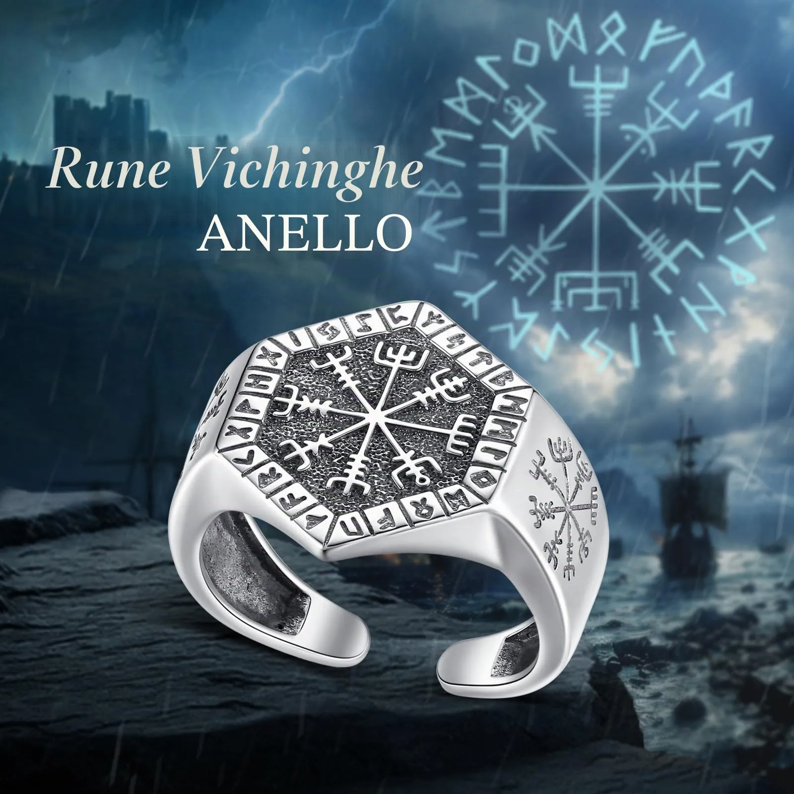 AEONSLOVE Anello Rune Vichinghe Regolabile Argento 925 Anello Vegvisir Vichingo per Uomo Donna Aperto Anelli Pollice Aperti Regolabili Gioielli Vichinghi Nordici - immagine 7
