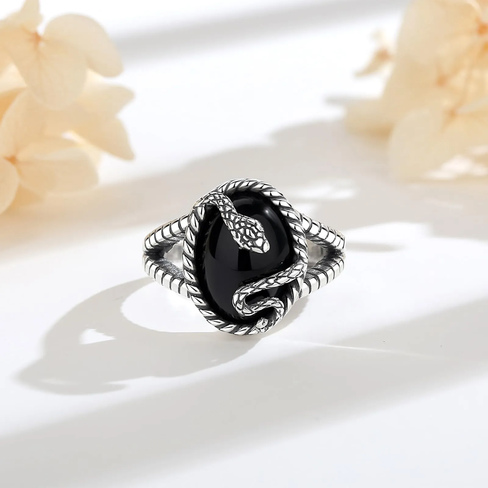 AEONSLOVE Anello Serpente Regolabile Argento 925 Anello Ossidiana Donna Aperto Anelli Aperti Regolabili Ragazze Gioielli Vichinghi Nordici Vintage - immagine 2