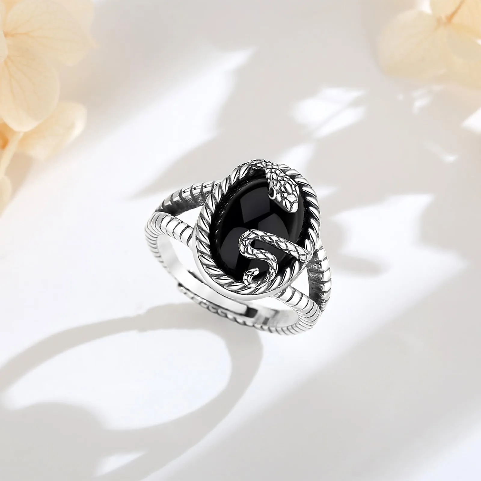 AEONSLOVE Anello Serpente Regolabile Argento 925 Anello Ossidiana Donna Aperto Anelli Aperti Regolabili Ragazze Gioielli Vichinghi Nordici Vintage - immagine 3