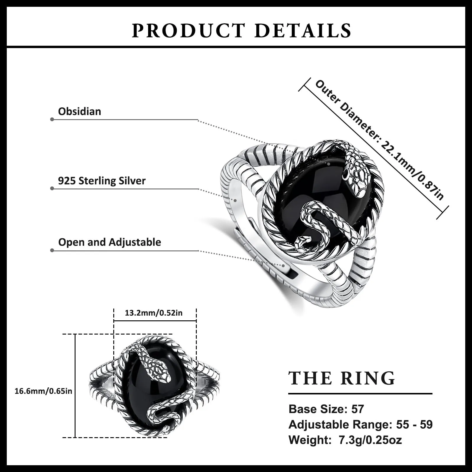AEONSLOVE Anello Serpente Regolabile Argento 925 Anello Ossidiana Donna Aperto Anelli Aperti Regolabili Ragazze Gioielli Vichinghi Nordici Vintage - immagine 4