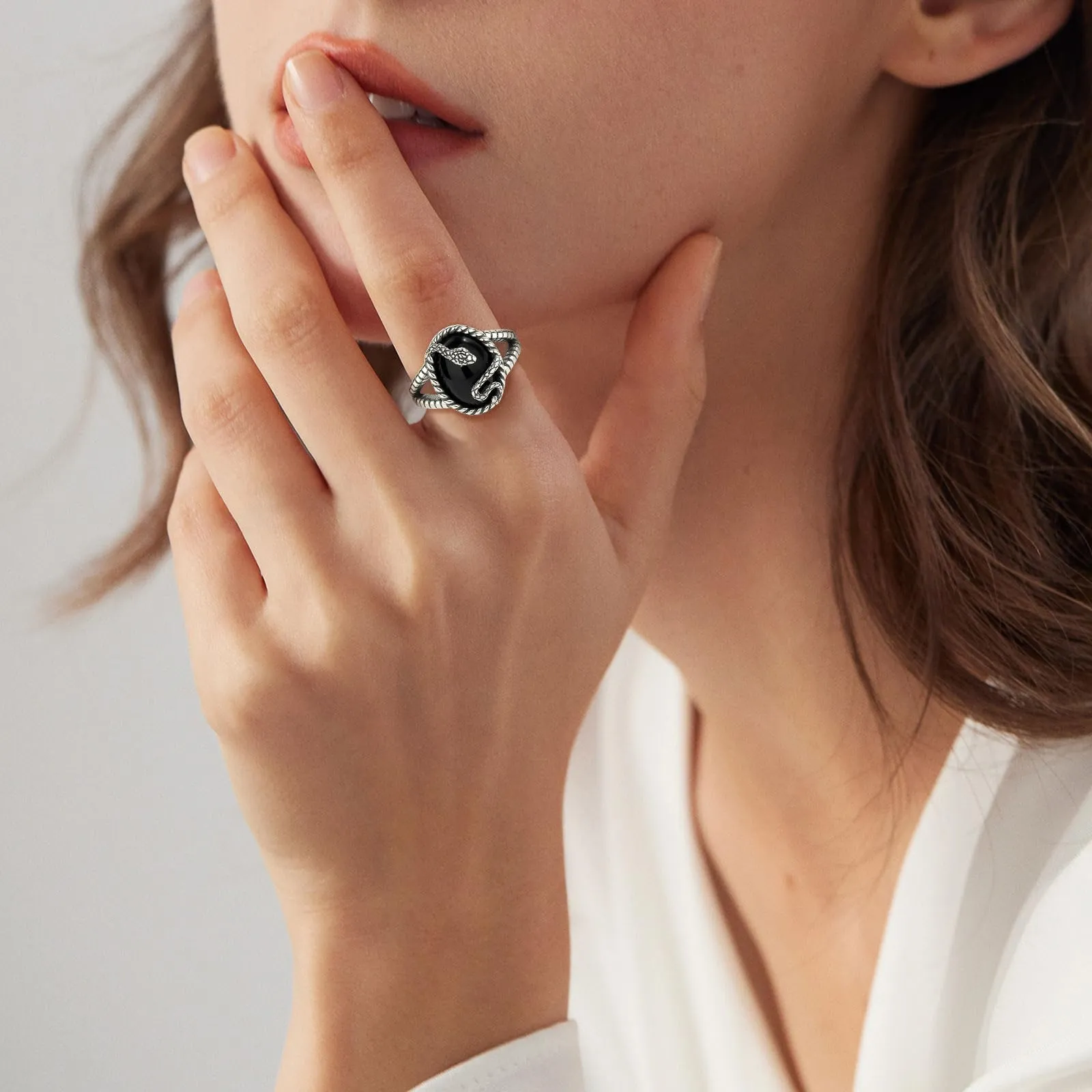 AEONSLOVE Anello Serpente Regolabile Argento 925 Anello Ossidiana Donna Aperto Anelli Aperti Regolabili Ragazze Gioielli Vichinghi Nordici Vintage - immagine 6