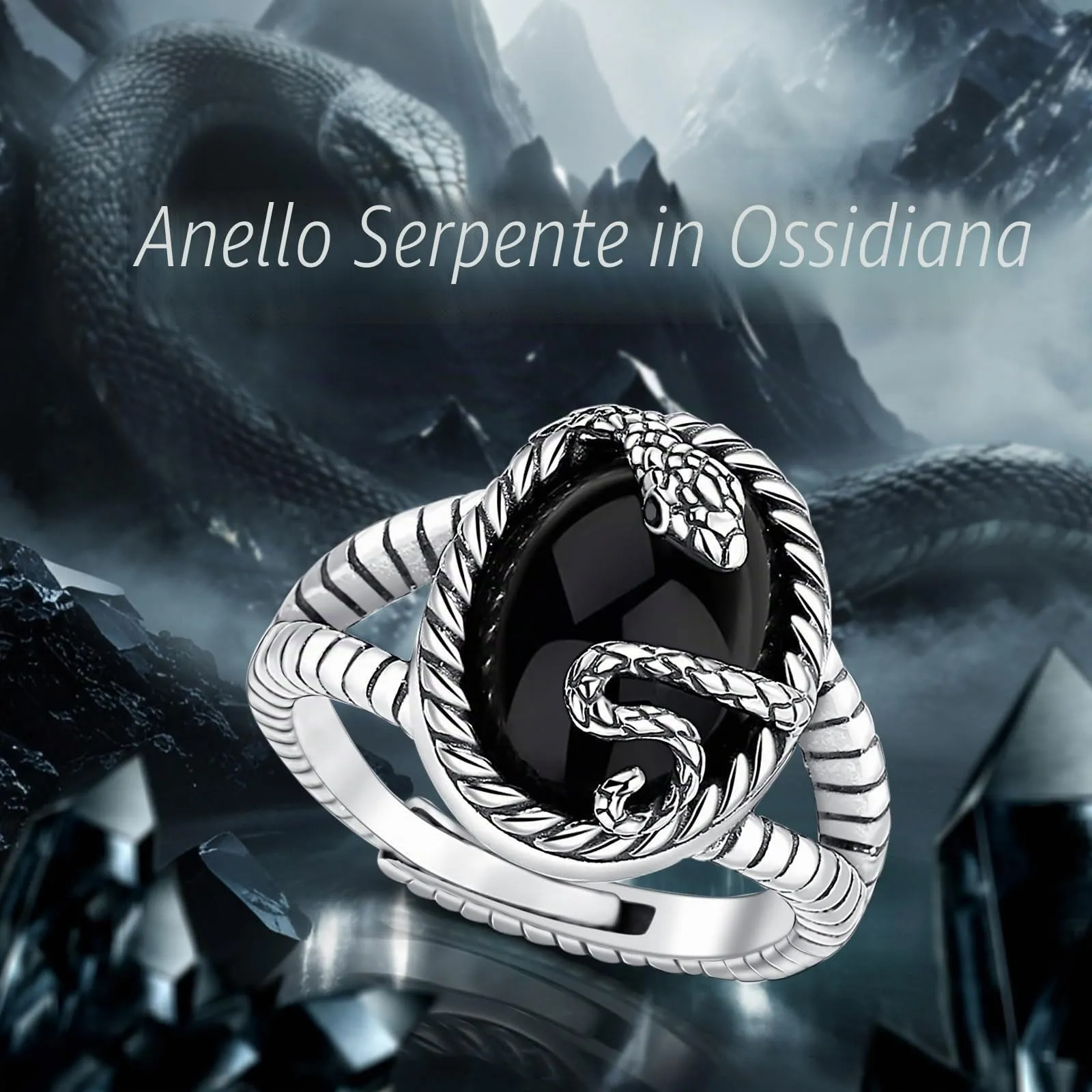 AEONSLOVE Anello Serpente Regolabile Argento 925 Anello Ossidiana Donna Aperto Anelli Aperti Regolabili Ragazze Gioielli Vichinghi Nordici Vintage - immagine 7