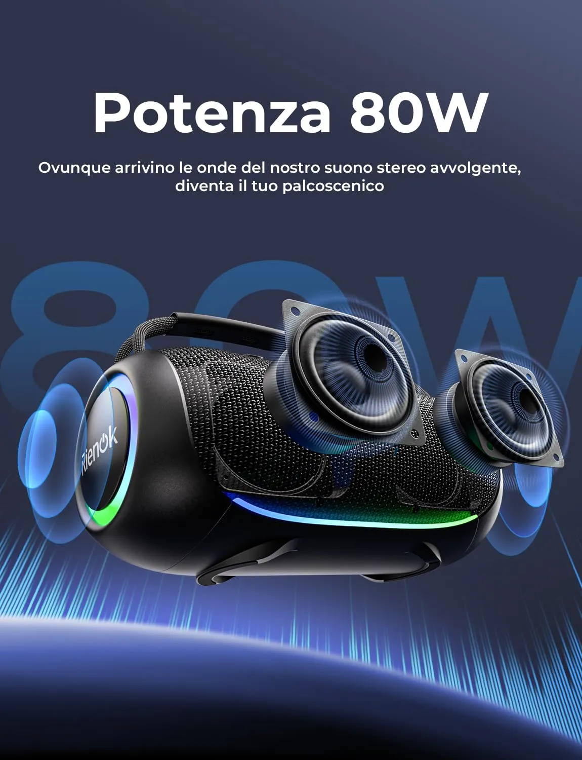 RIENOK Cassa Bluetooth Potente Portatile 80W Esterno Impermeabile IPX6 - immagine 2
