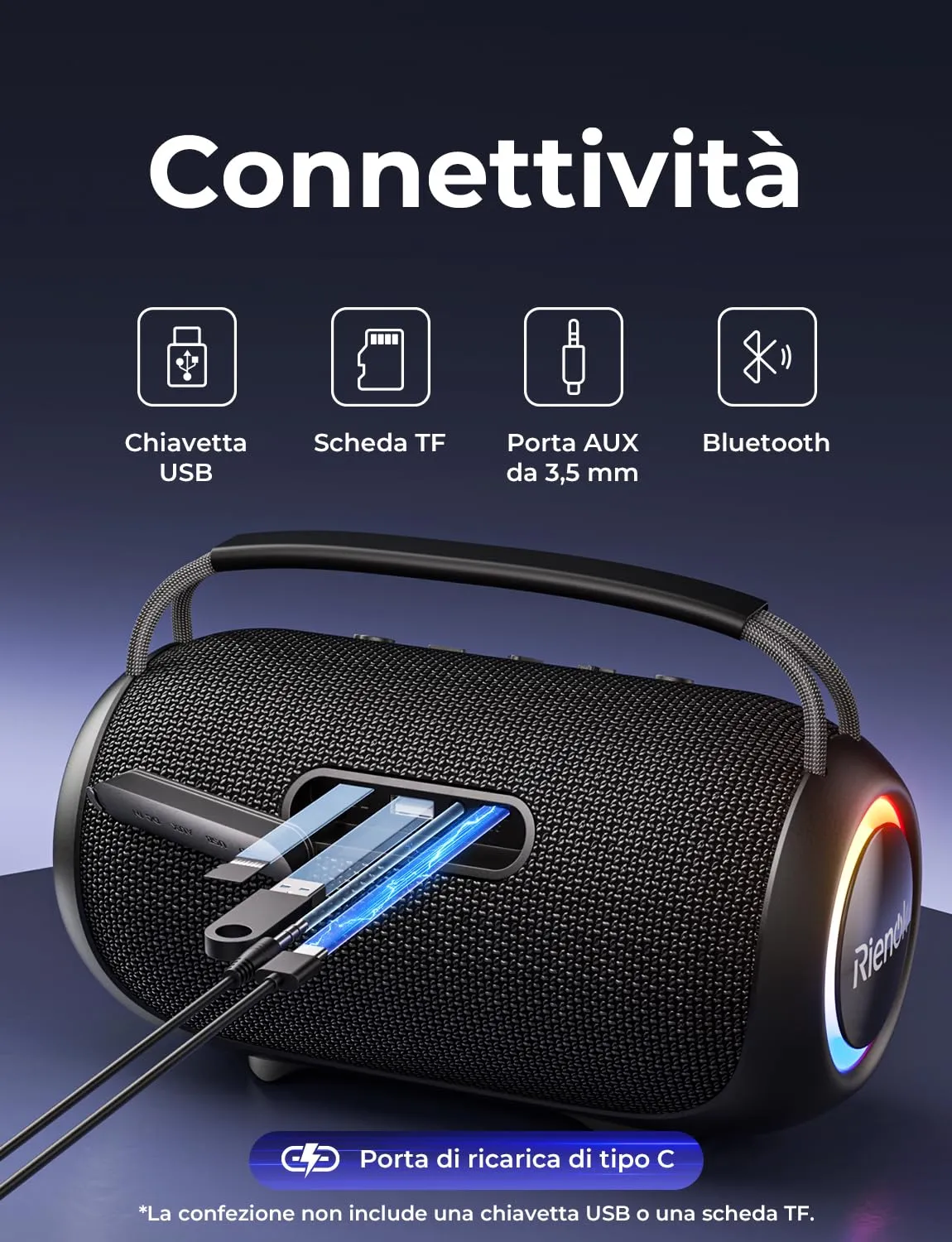 RIENOK Cassa Bluetooth Potente Portatile 80W Esterno Impermeabile IPX6 - immagine 5