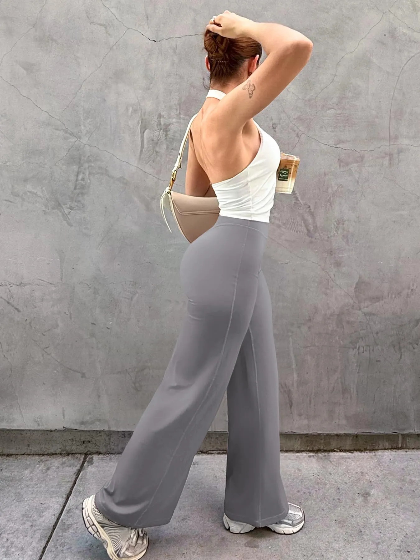 ZAAYO Leggings dritti da donna, senza cuciture, svasati, per yoga, palestra, grigio., M - immagine 5