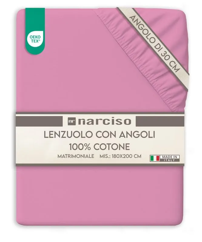 NARCISO Lenzuolo con Angoli Matrimoniale 100% Cotone (180x200 con Angolo di 30cm) Lenzuola Sotto con Angoli Matrimoniale Traspirante ed Anallergico, Biancheria da Letto Made in Italy (2P, Rosa Scuro) - immagine 1