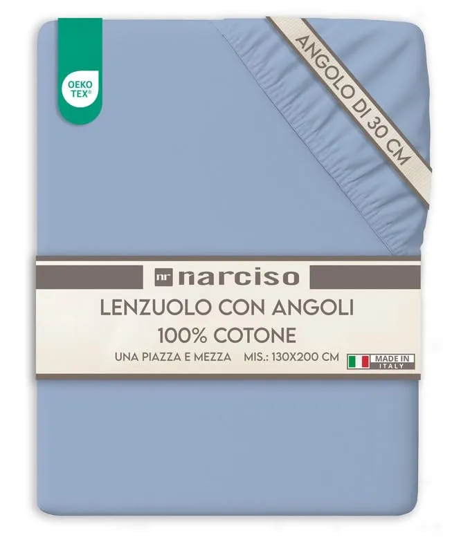 NARCISO Lenzuolo con Angoli Una Piazza e Mezza 100% Cotone (130x200 con Angolo di 30cm) Lenzuola 1 Piazza e Mezza Traspirante ed Anallergica, Biancheria da Letto Made in Italy (1.5P, Azzurro) - immagine 1