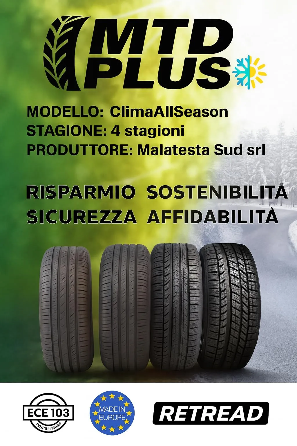Pneumatico 4 Stagioni per Auto 155/65 R14 75T – Certificato M+S – Linea Clima All Season MTD PLUS GREEN – Made in Italy – Ottima Aderenza su Neve Pioggia Asciutto – Affidabile e Low Cost - immagine 4