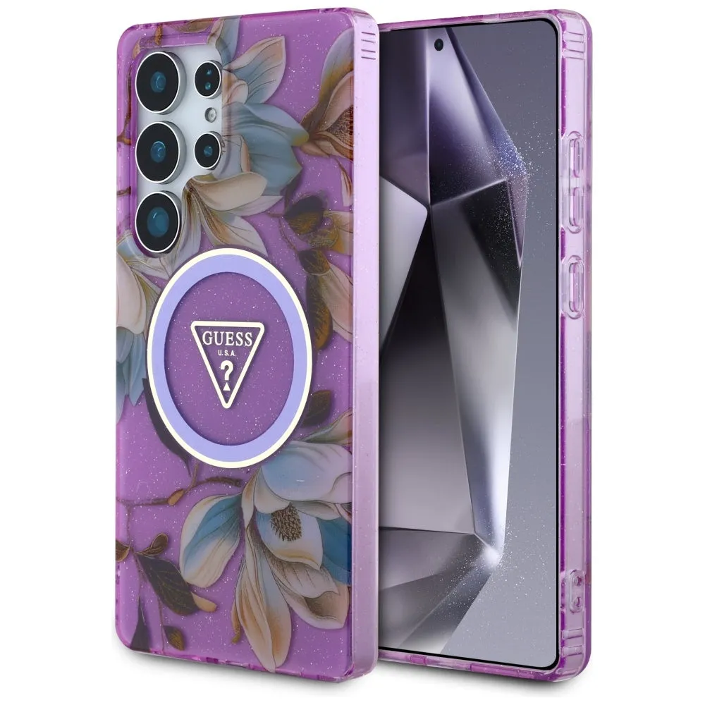 Custodia MagSafe per Samsung Galaxy S25 Ultra S938, Guess, IML Metal Glitter Flowers Triangle, Viola - immagine 1