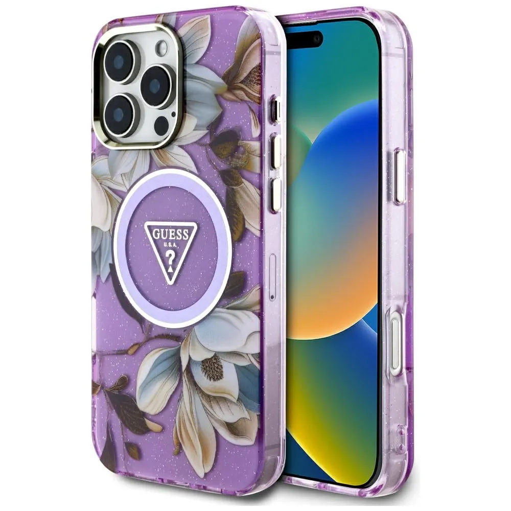 Custodia MagSafe per Apple iPhone 16 Pro Max, Guess, IML Metal Glitter Flowers Triangle, Viola - immagine 1
