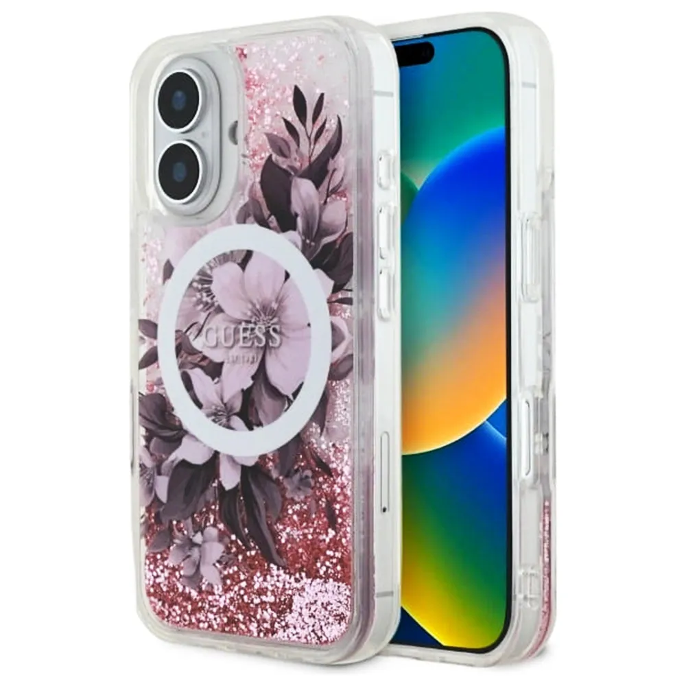 Custodia MagSafe per Apple iPhone 16, Guess, Liquid Glitter Flower, Rosa - immagine 1