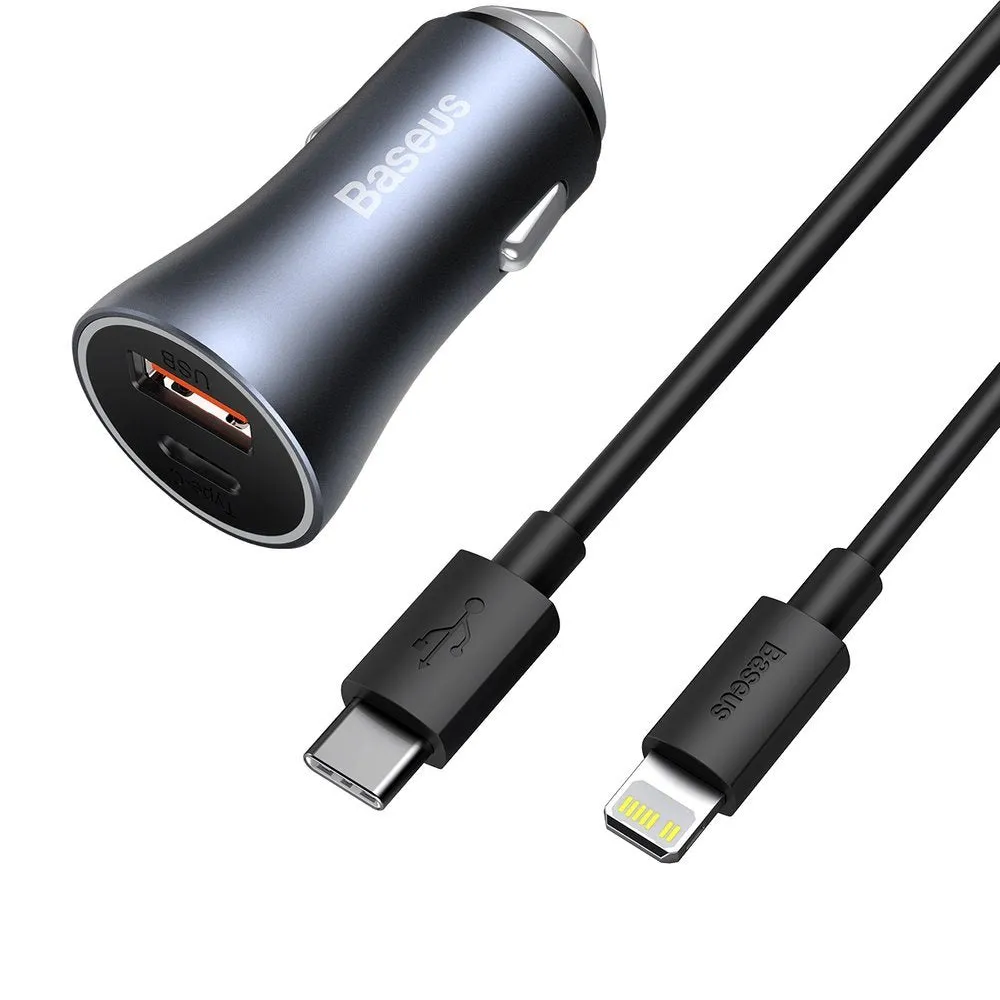 Caricabatterie da auto con cavo Lightning Baseus Golden Contactor, 40W, 3A, 1 x USB-A - 1 x USB-C, grigio TZCCJJD-B0G - immagine 1