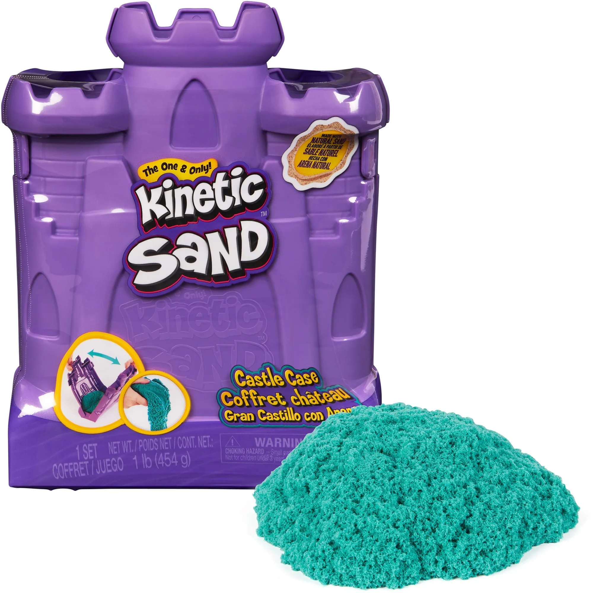 Kinetic Sand, Castle Case con 453 g di sabbia verde acqua, area di gioco multiuso e contenitore, giocattoli sensoriali per bambini da 3 anni in su, Gioco di sabbia - immagine 1
