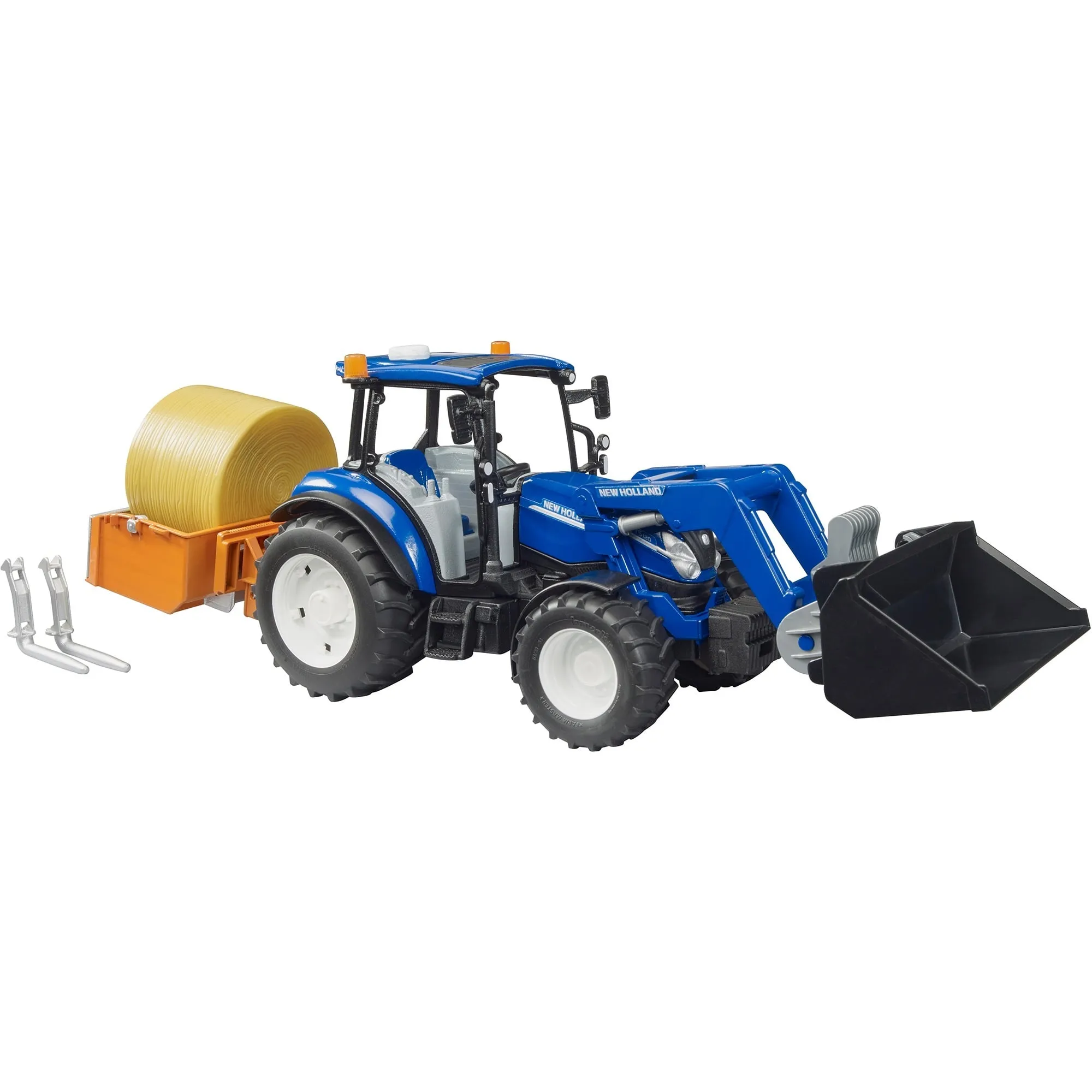 BRUDER New Holland T5.120 con caricatore frontale, cassone di carico, forche e balle rotonde, Veicolo modello - immagine 1