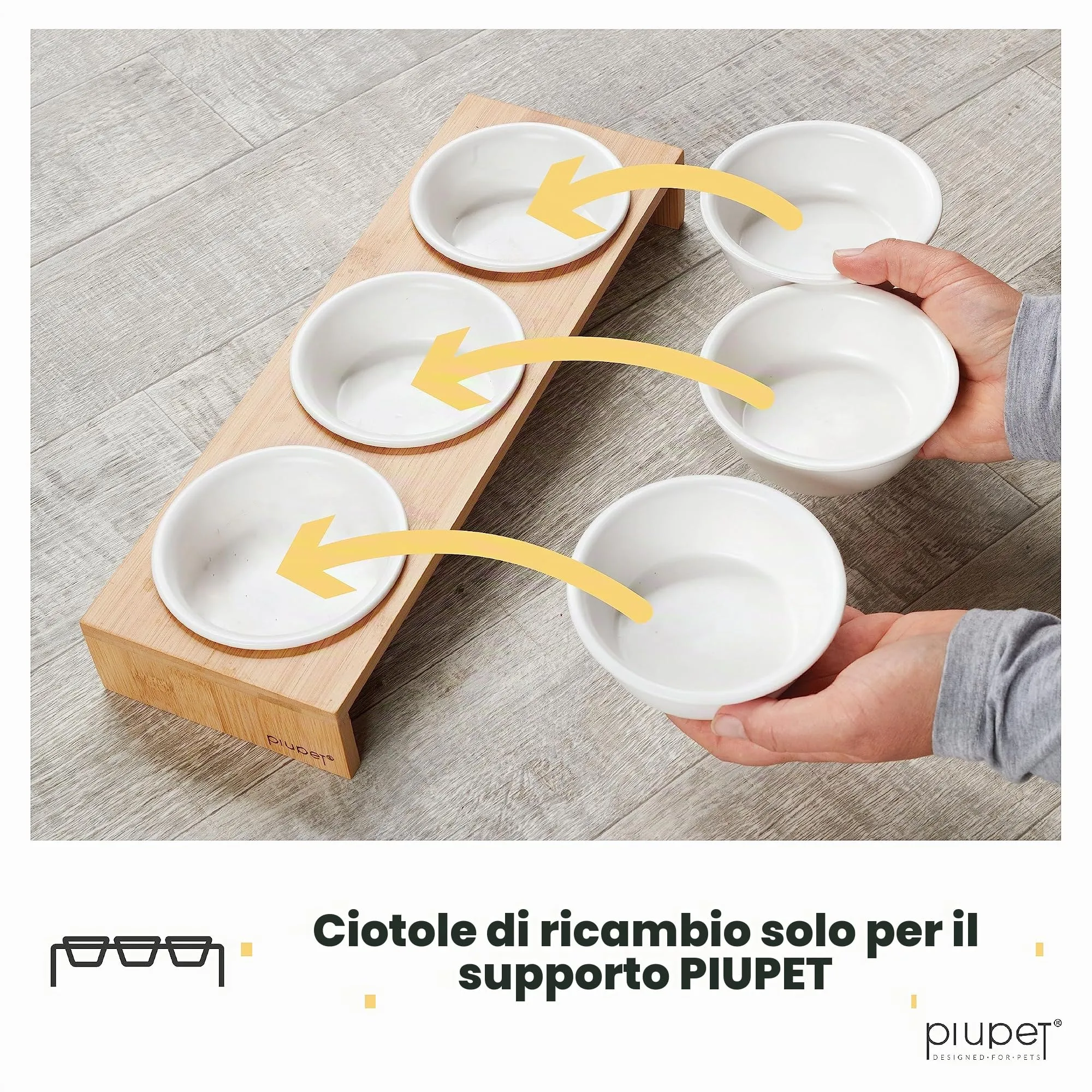 PiuPet® Set 3 Ciotole Rialzate per Gatti e Cani Piccoli, Ceramica - 250ml - immagine 2