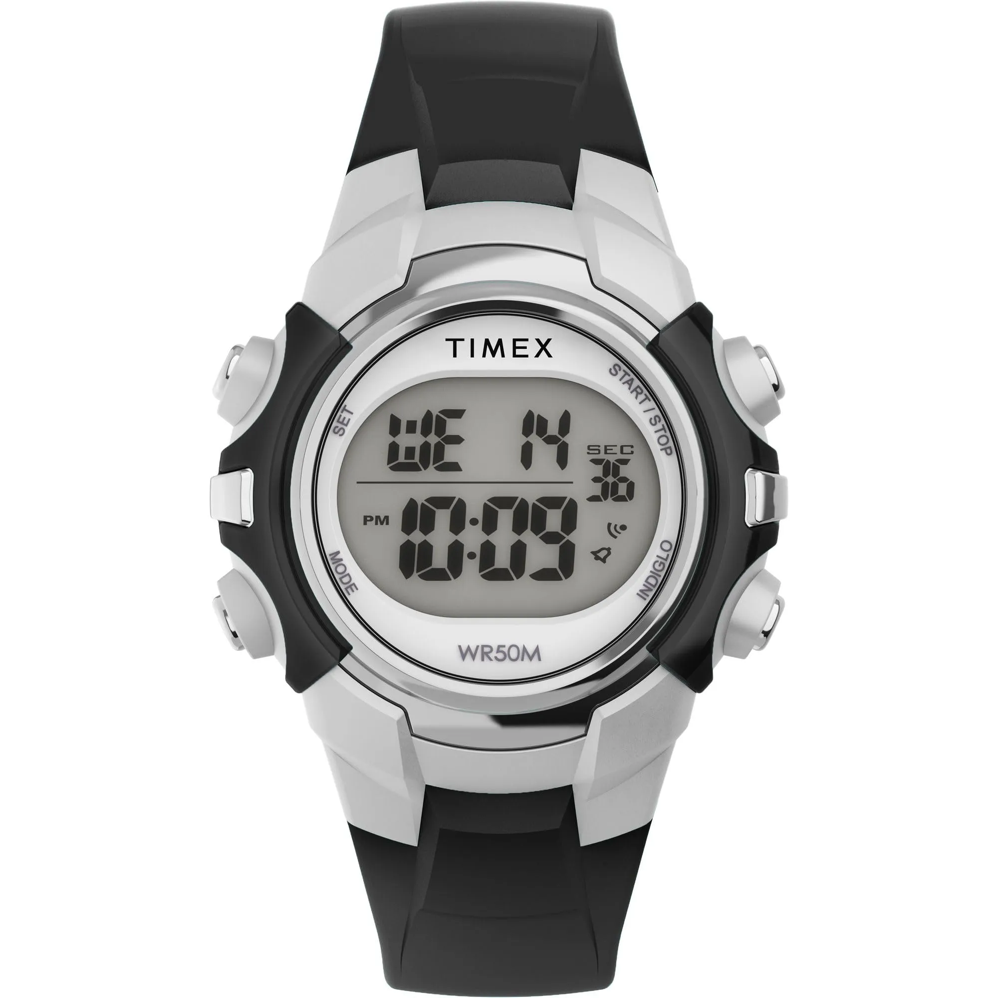 Timex Orologio sportivo unisex da 33 mm, cinturino in resina nera, quadrante digitale, cassa argentata TW5M61300 - immagine 1