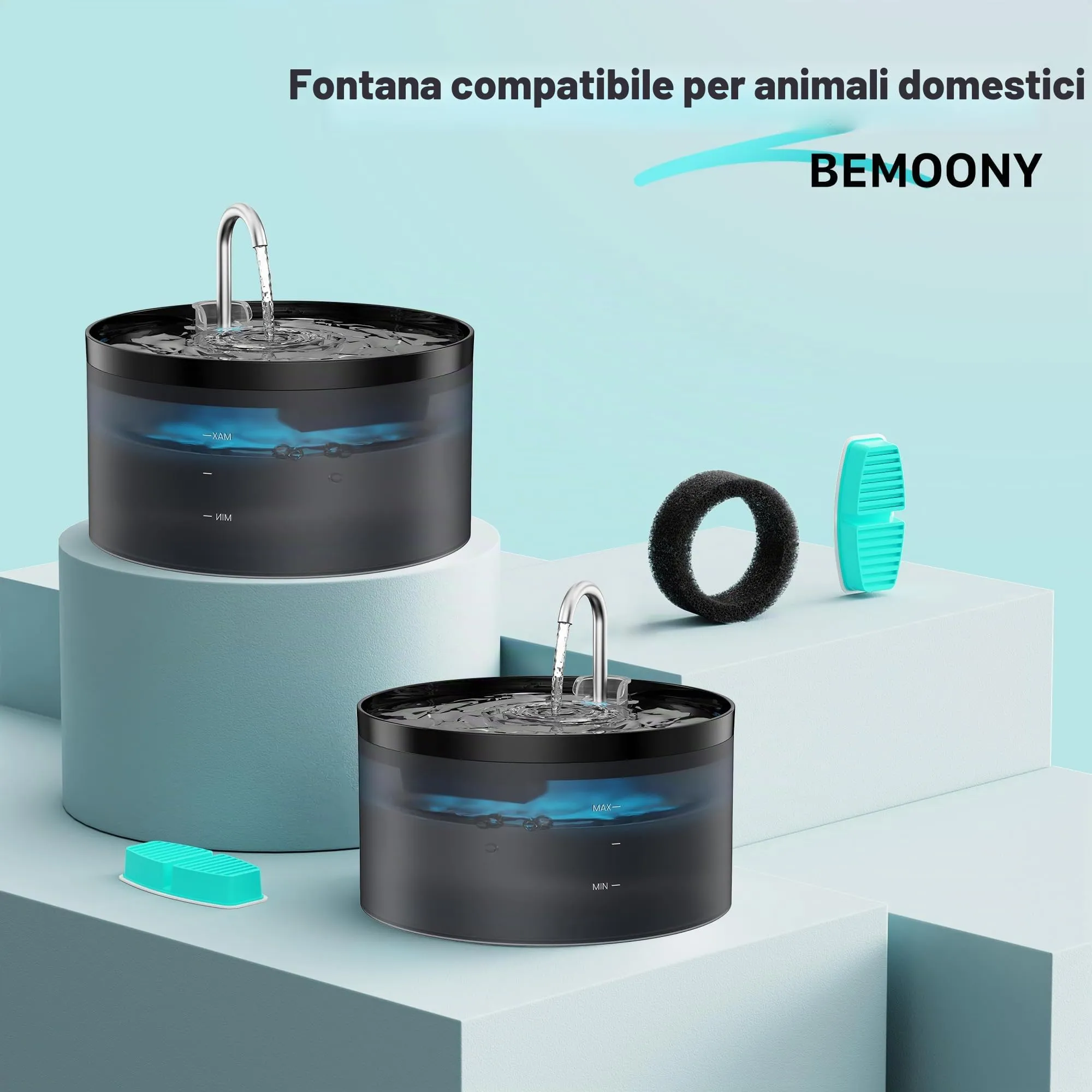 Filter BEMOONY Fontanella per Gatti Filtro, 12 Filtri a Carbone + 12 Spugne, Multi-Filtrazione, per 3.2L Fontana Per Gatti(H7), Filtrazione dei Peli Galleggianti, Addolcimento Dell'Acqua - immagine 2