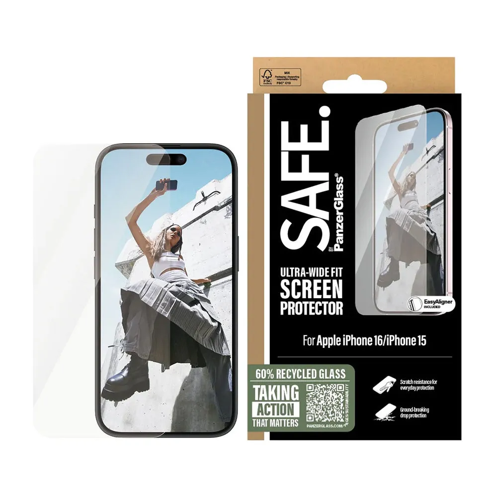 Pellicola Protettiva Schermo PanzerGlass Safe. Ultra-Wide Fit per Apple iPhone 16 / 15, Vetro Temperato, Full Glue - immagine 1