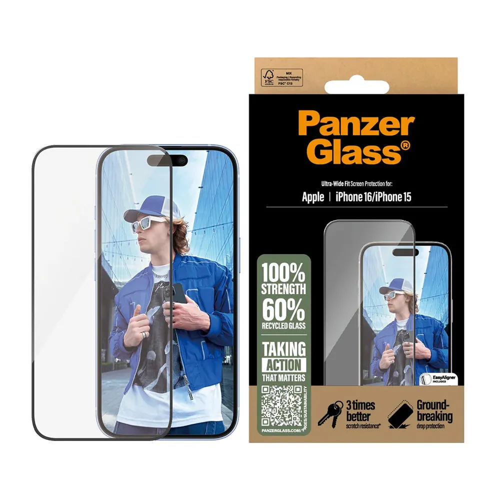 Pellicola Protettiva Schermo PanzerGlass Ultra-Wide Fit per Apple iPhone 16 / 15, Vetro Temperato, Full Glue, Nera - immagine 1