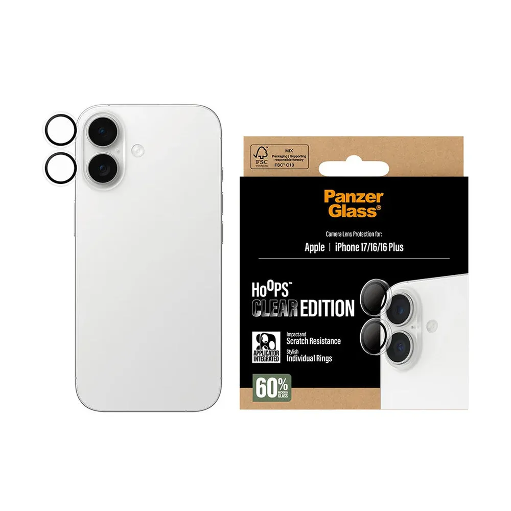 Pellicola protettiva per Fotocamera Posteriore PanzerGlass Hoops per Apple iPhone 17 / 16 Plus / 16, Vetro Temperato, Trasparente - immagine 1