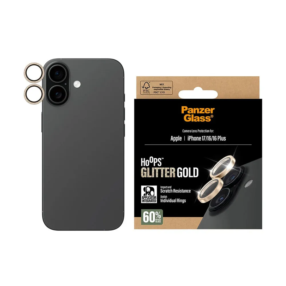 Pellicola protettiva per fotocamera posteriore PanzerGlass Hoops Glitter per Apple iPhone 17 / 16 Plus / 16, Vetro Temperato, Dorato - immagine 1