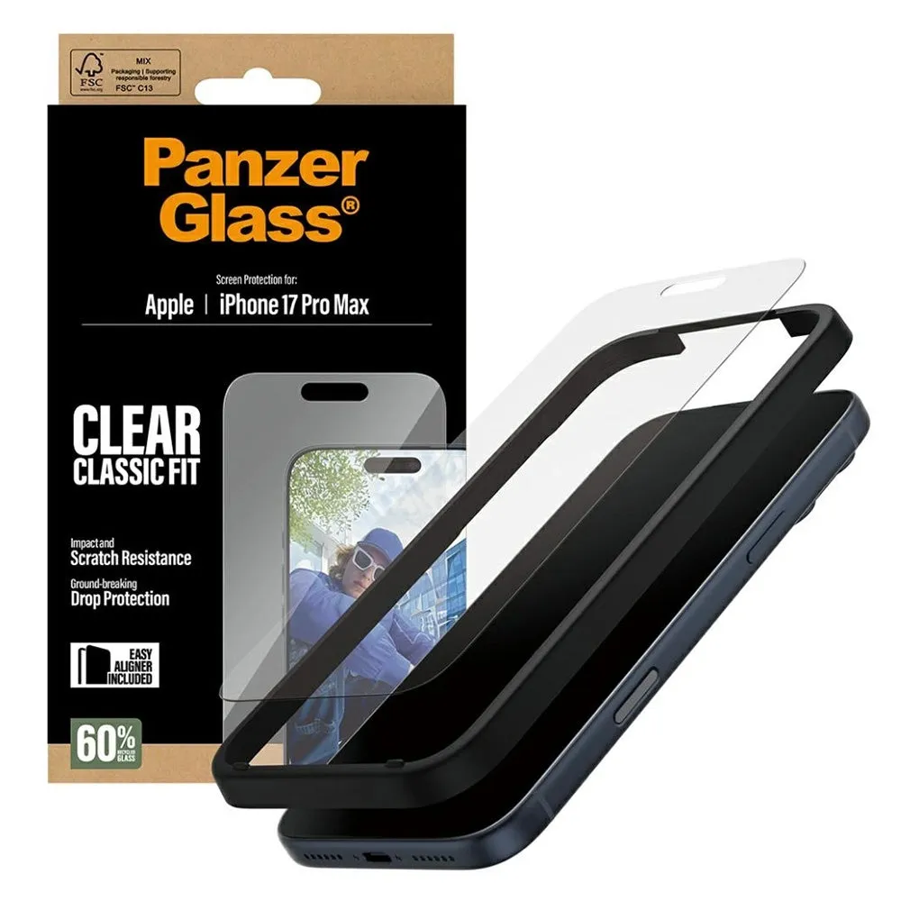 Pellicola protettiva per schermo PanzerGlass Classic Fit EasyAligner per Apple 17 Pro Max, Vetro temperato, Full Glue - immagine 1
