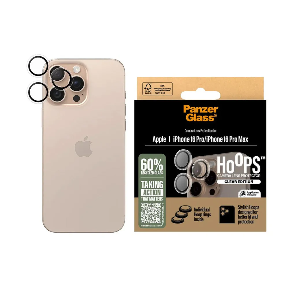 Pellicola protettiva per Fotocamera Posteriore PanzerGlass Hoops per Apple iPhone 16 Pro Max / 16 Pro, Vetro Temperato, Trasparente - immagine 1