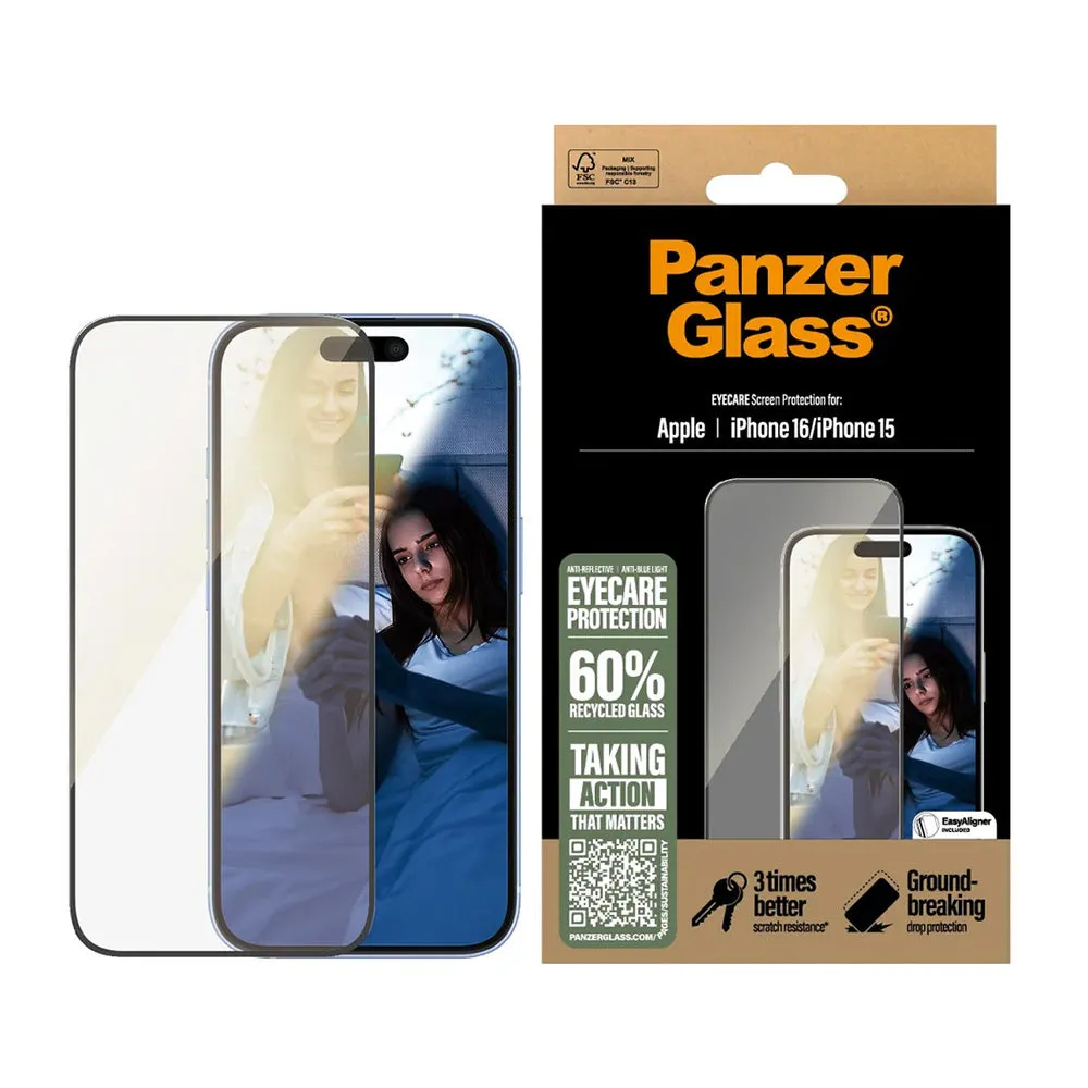 Pellicola Protettiva Schermo PanzerGlass Ultra-Wide Fit EyeCare per Apple iPhone 16 / 15, Vetro Temperato, Full Glue, Nera - immagine 1