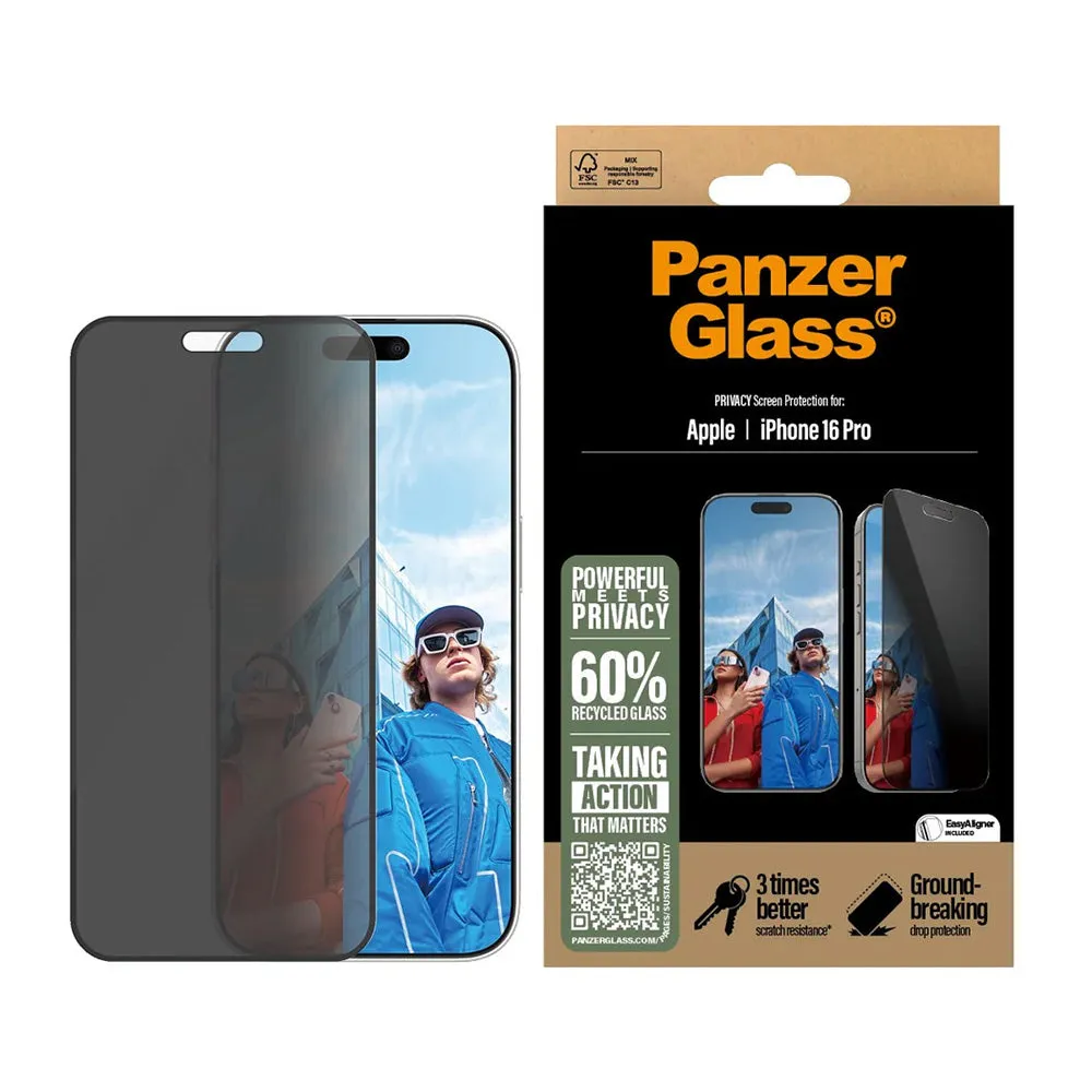 Pellicola Protettiva Schermo Privacy PanzerGlass Ultra-Wide Fit EasyAligner per Apple iPhone 16 Pro, Vetro Temperato, Full Glue - immagine 1
