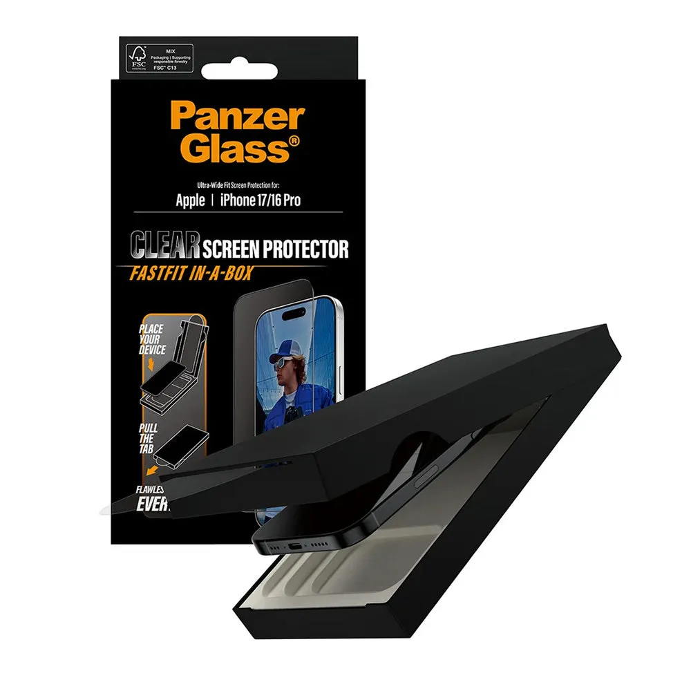 Pellicola Protettiva Schermo PanzerGlass Ultra-Wide Fit Fastfit per Apple iPhone 17 / 16 Pro, Vetro Temperato, Full Glue, Nera - immagine 1
