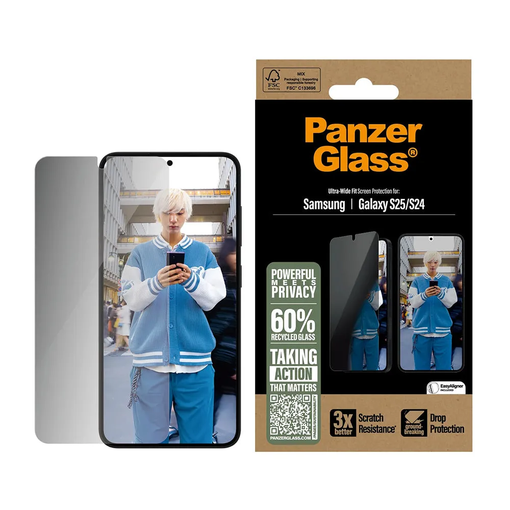 Pellicola Protettiva Schermo Privacy PanzerGlass Ultra-Wide Fit per Samsung Galaxy S25 S931 / S24 S921, Vetro Temperato, Full Glue - immagine 1